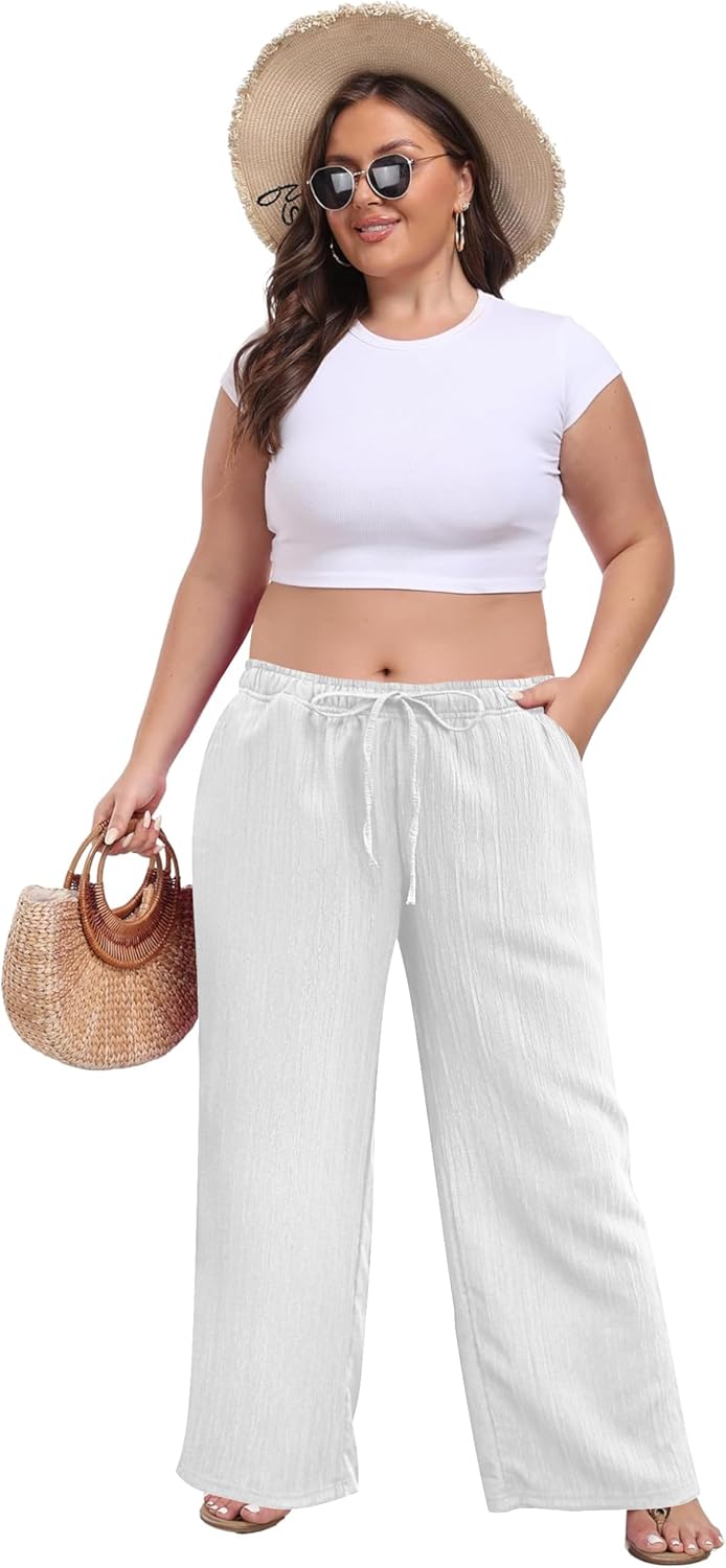 Womens Wide Leg Palazzo Pants Dressy Casual Lounge Baggy Pant Summer Travel Loose Drawstring Elastic Waist Trouser with Pockets White XL - Image 5