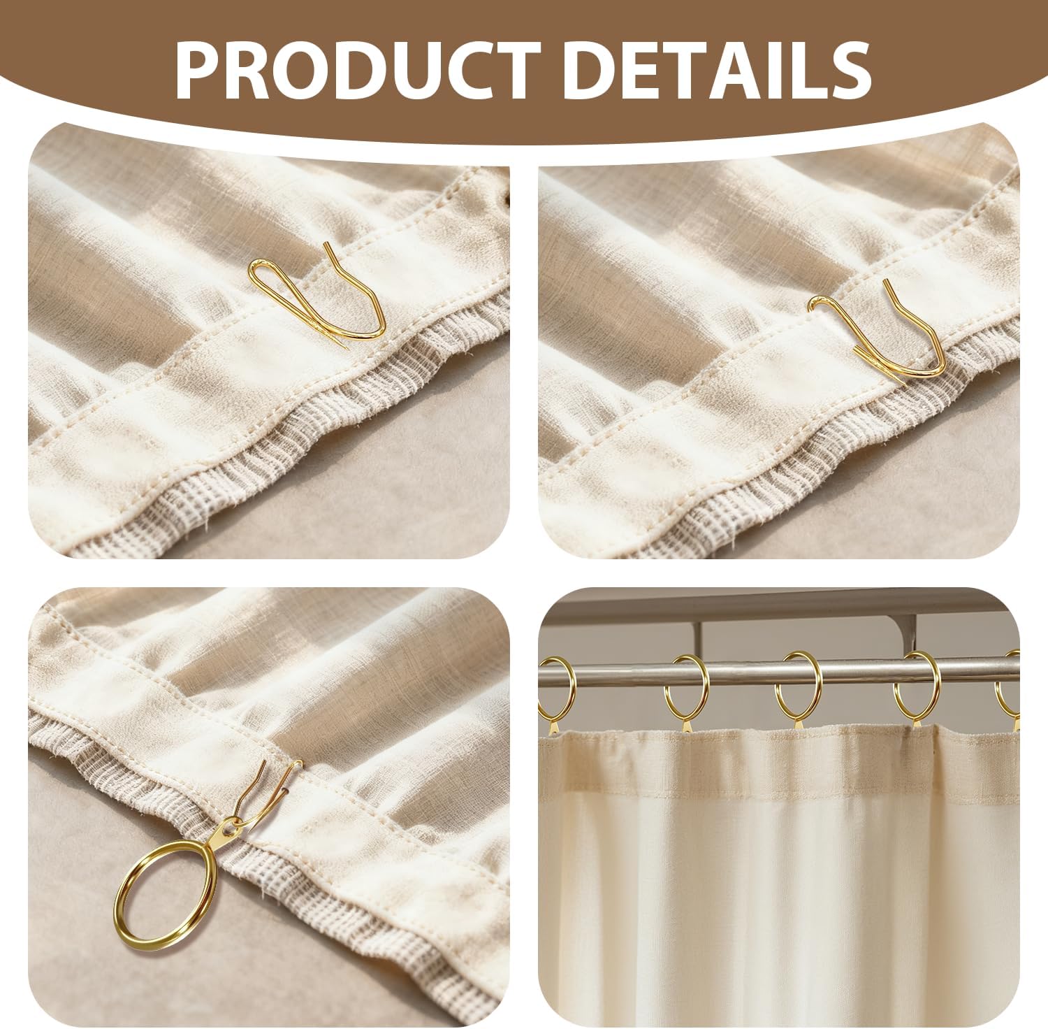 20 Packs Gold Curtain Rings and Shower Curtain Hooks Set, 30mm/1.18 Inch Internal Diameter Metal Drapery Pin Hooks for Window Door Drapes (Gold)
