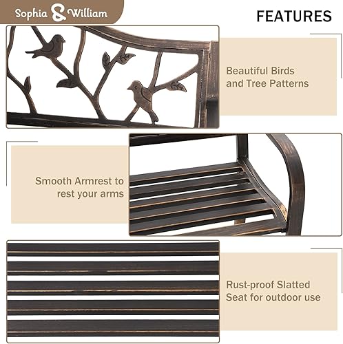 Miniatura 4 de Sophia & William Banco al aire libre, banco de porche, banco de jardín, banco de hierro forjado con respaldo y reposabrazos, bronce