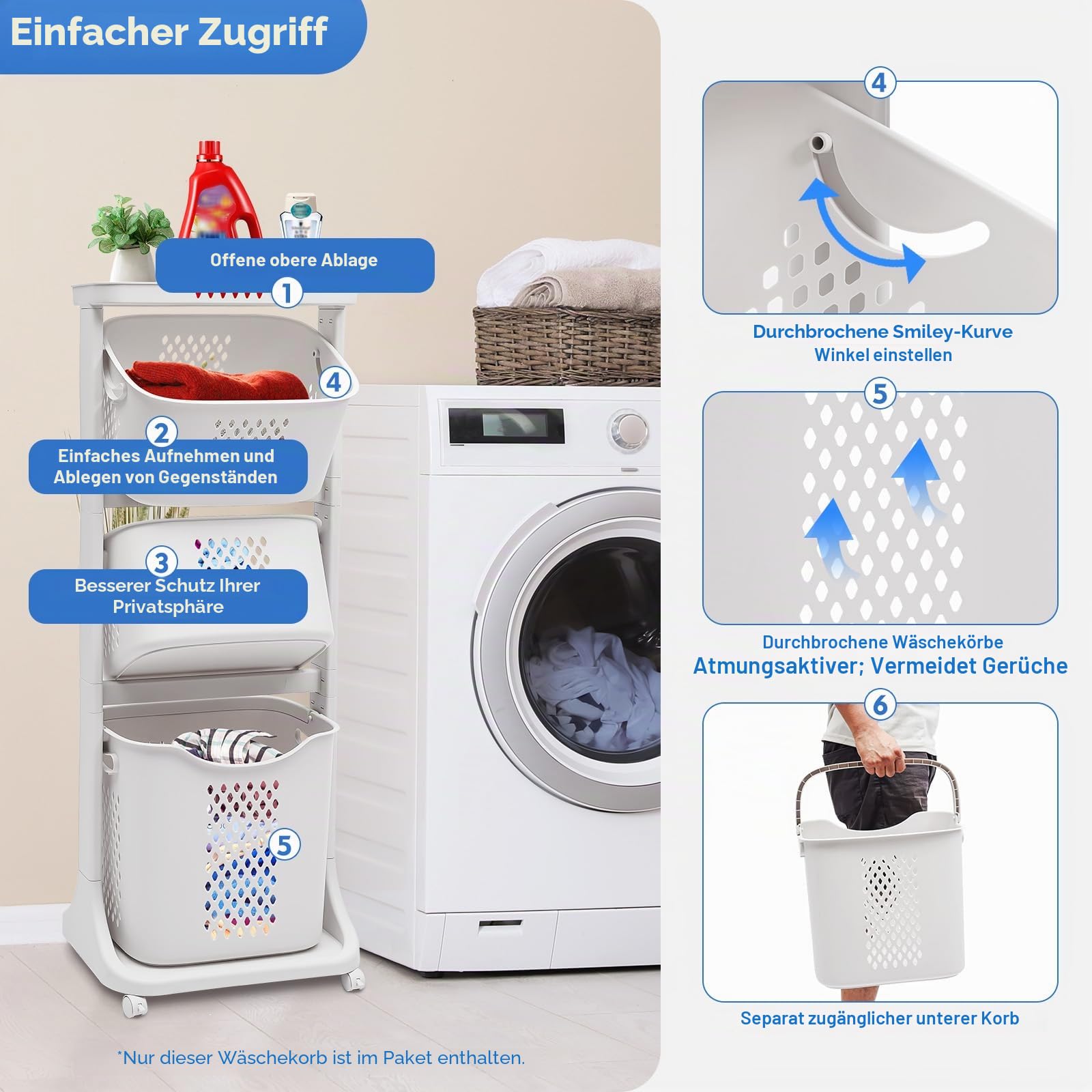 Wäschekorb 3 Fächer auf Rollen, Wäschekorbwagen Mehrstöckig, Kunststoff Wäschekorb mit Rollen, Laundry Basket Kunststoffkorb für Wäsche Wäschebox Wäschesammler Aufbewahrung Plastik weiß