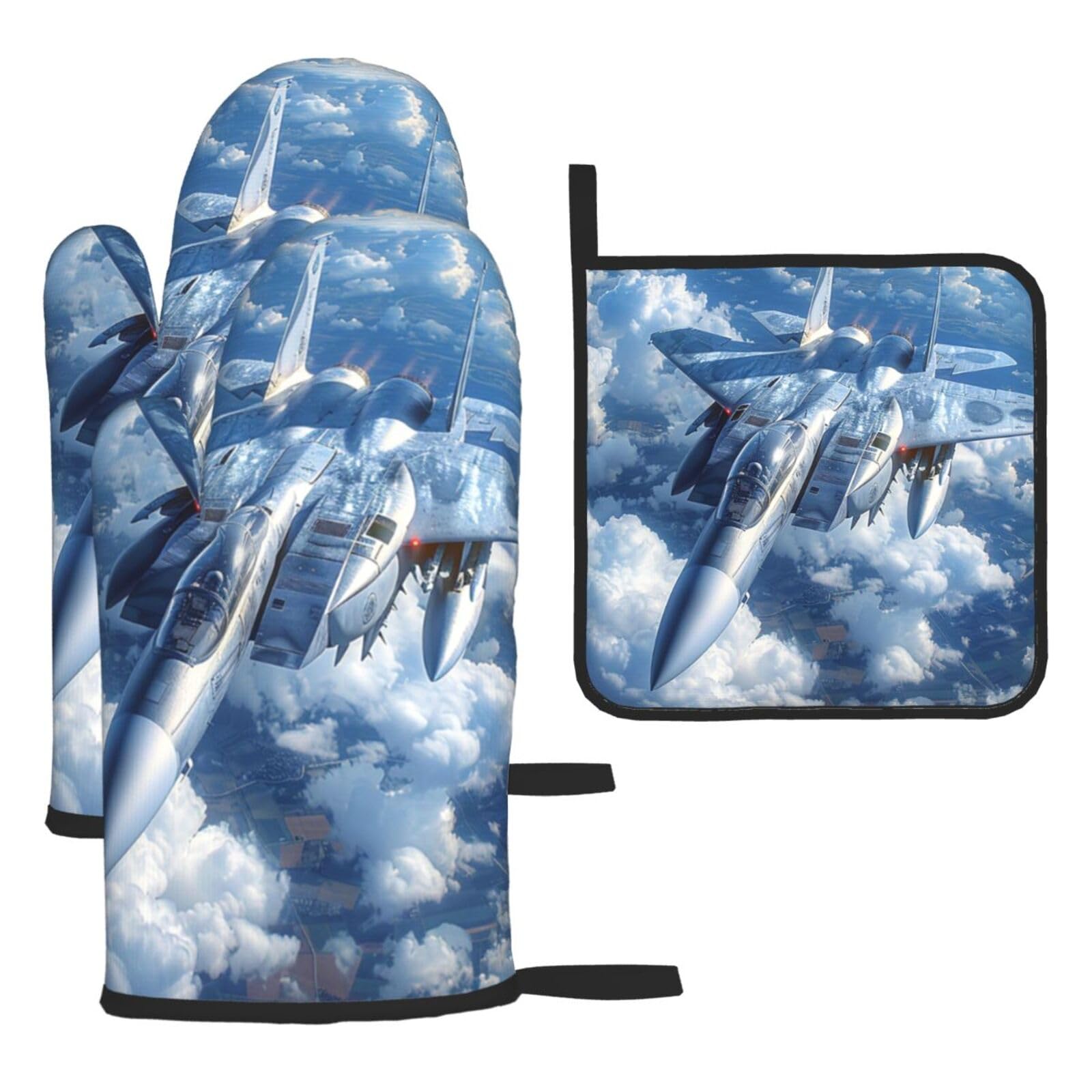 Oven Mitts and Pot Holders Set of 3 Heat Resistant Non-Slip Kitchen Gloves Hot Pads Aircraft Fighter Jets Mittens Gloves Non-Slip Potholders for Cooking Baking Grilling BBQ
