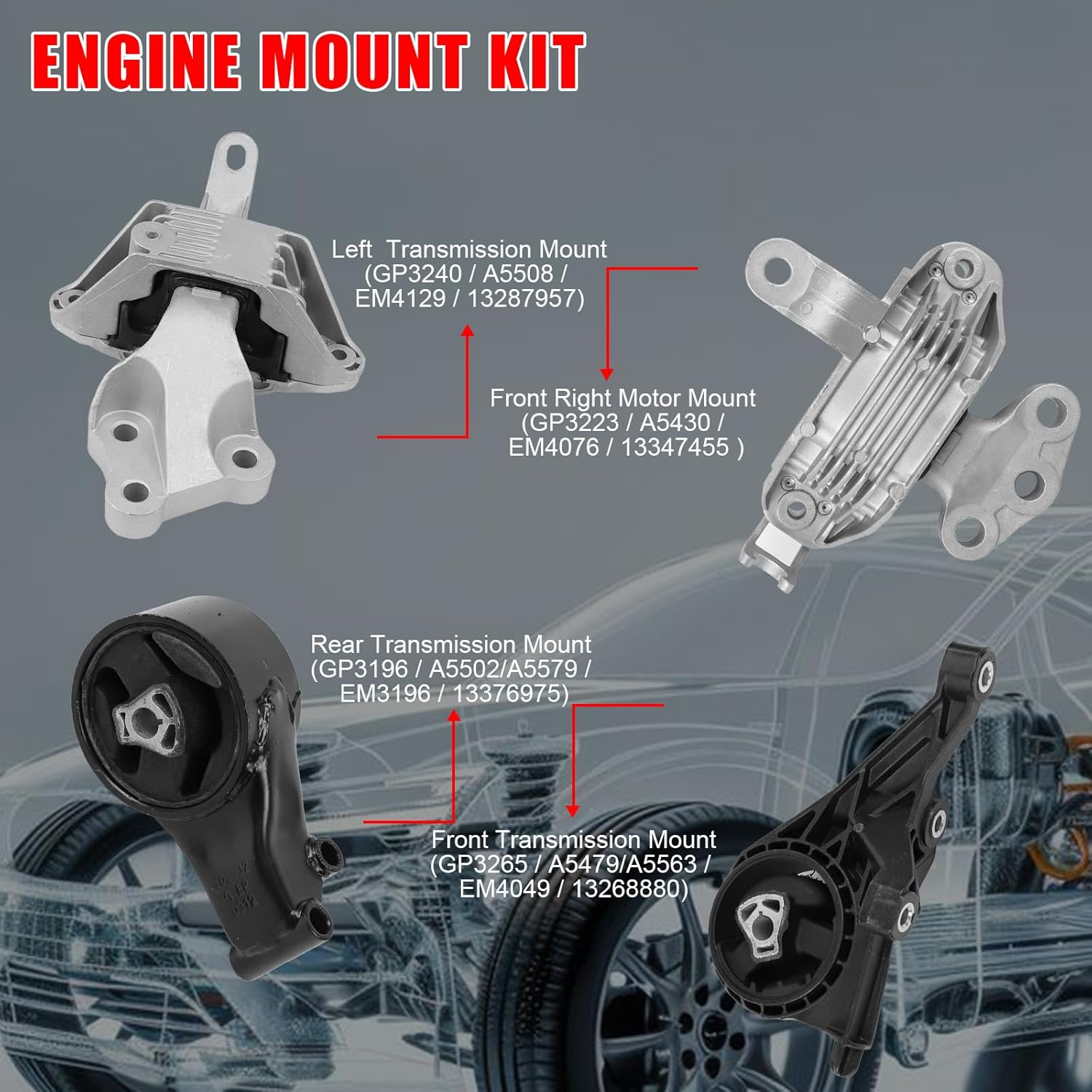 4 Pcs Engine Motor Mounts Set - Compatible with Chevrolet Cruze 2011-2016, Cruze Limited 2016 & for Buick Cascada 2016-2019, 1.6L 1.8L, Auto Transmission, Replace OE# A5430, A5479, A5508, A5579