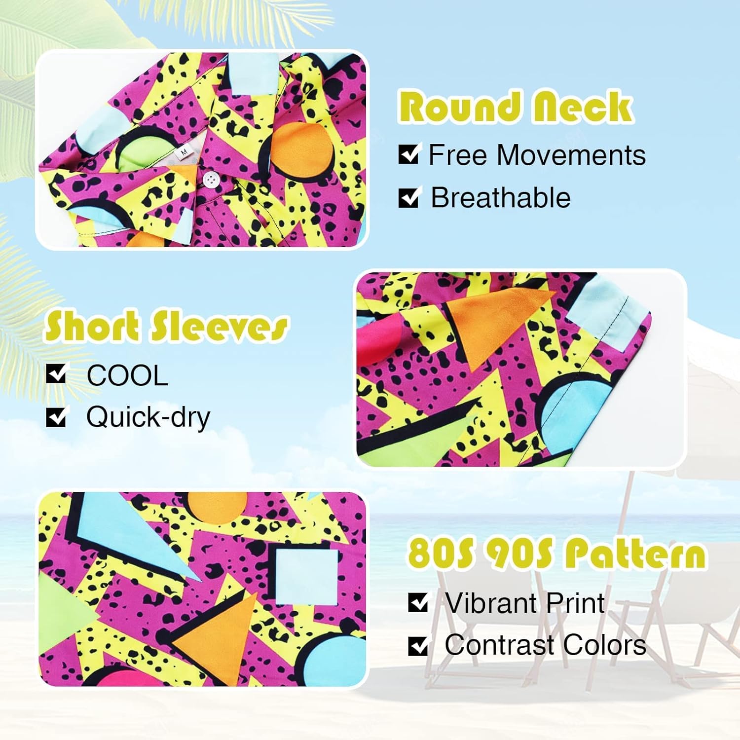 Arssm Mens 2 Pieces Vintage Shirts and Shorts Set 80s 90s Outfit Button Down Beach Suit Quick Dry for Vintage Halloween Party - Image 3