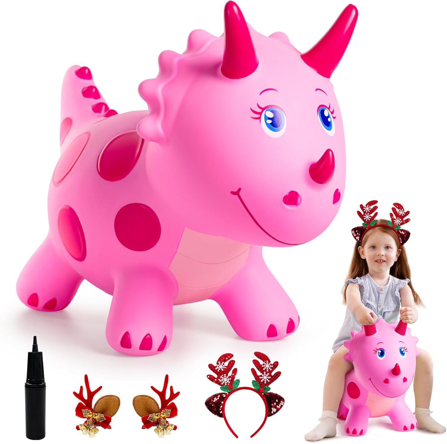EVERICHTOY Pink Triceratops Dinosaur Bouncy Hopper Ball - Ride-On Toy for Toddlers 18M-6Y, Indoor Outdoor, Christmas Gift for Boys
