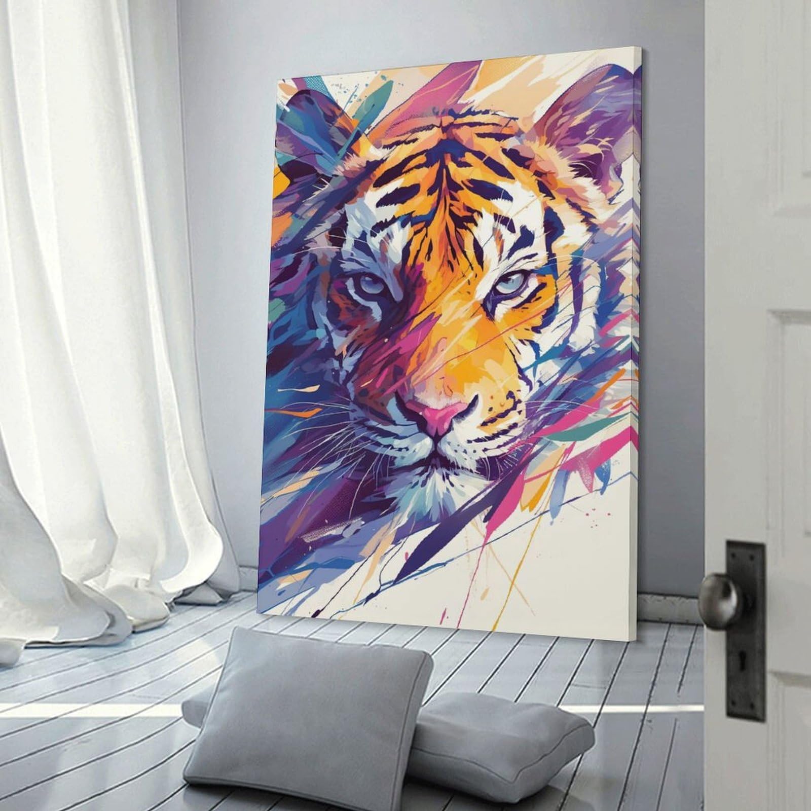 Junmoney Hanging Wall Art Vibrant Tiger Portrait, 20x30inch(50x75cm), for Work Areas, Reading Rooms Or Studios, Wall Art That Adds Style to Work Areas