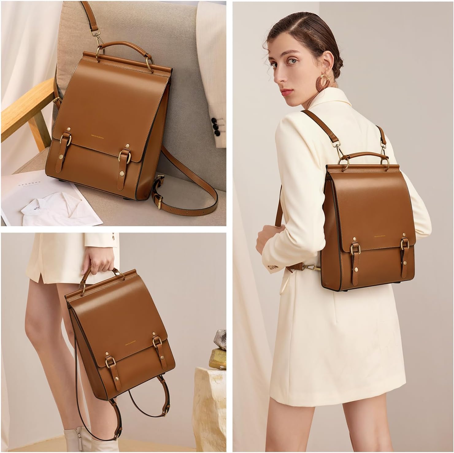 Cnoles Leather Backpack Purse For Women Fashion Ladies Vintage Bags Casual College Travel Backpacks bag Orange - Image 3