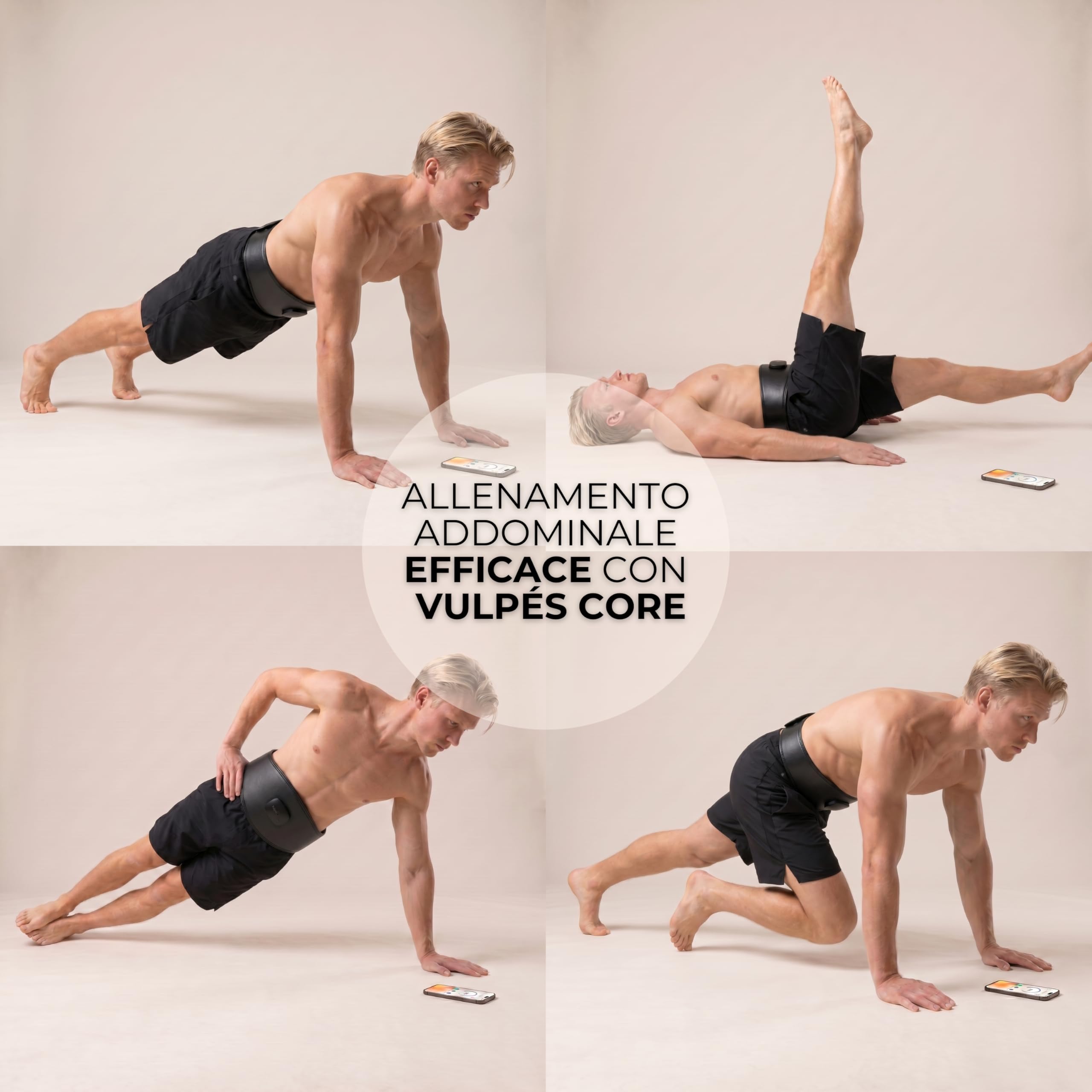 Vulpés Fascia EMS Smart Core con App – Addominali e Zona Lombare, elettrostimolazione controllata per Workout e Recupero (6 elettrodi, 8 modalità).