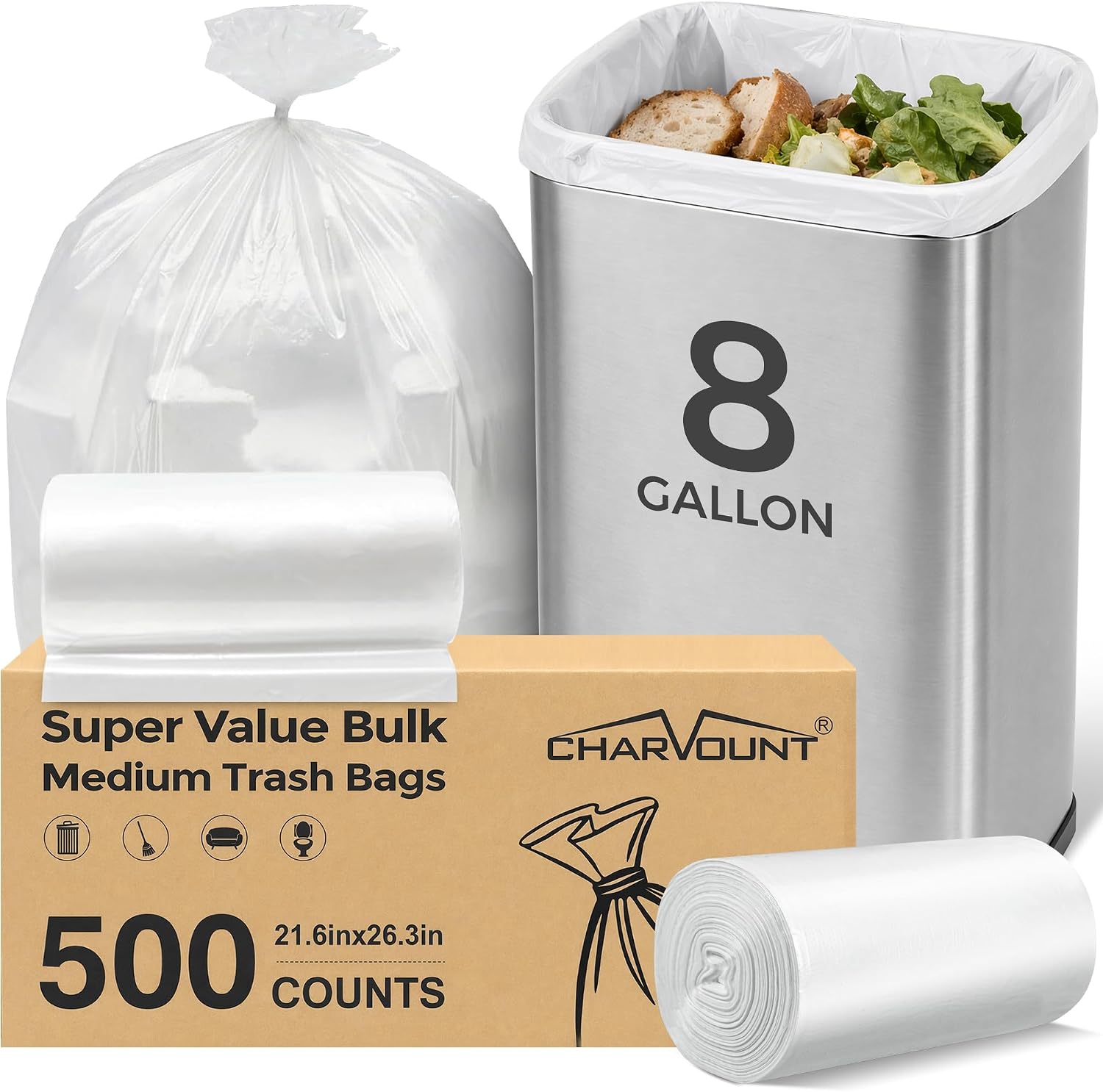 Charmount 8 Gallon Trash Bags, 500 Count Medium Garbage Bags, Bulk Pack