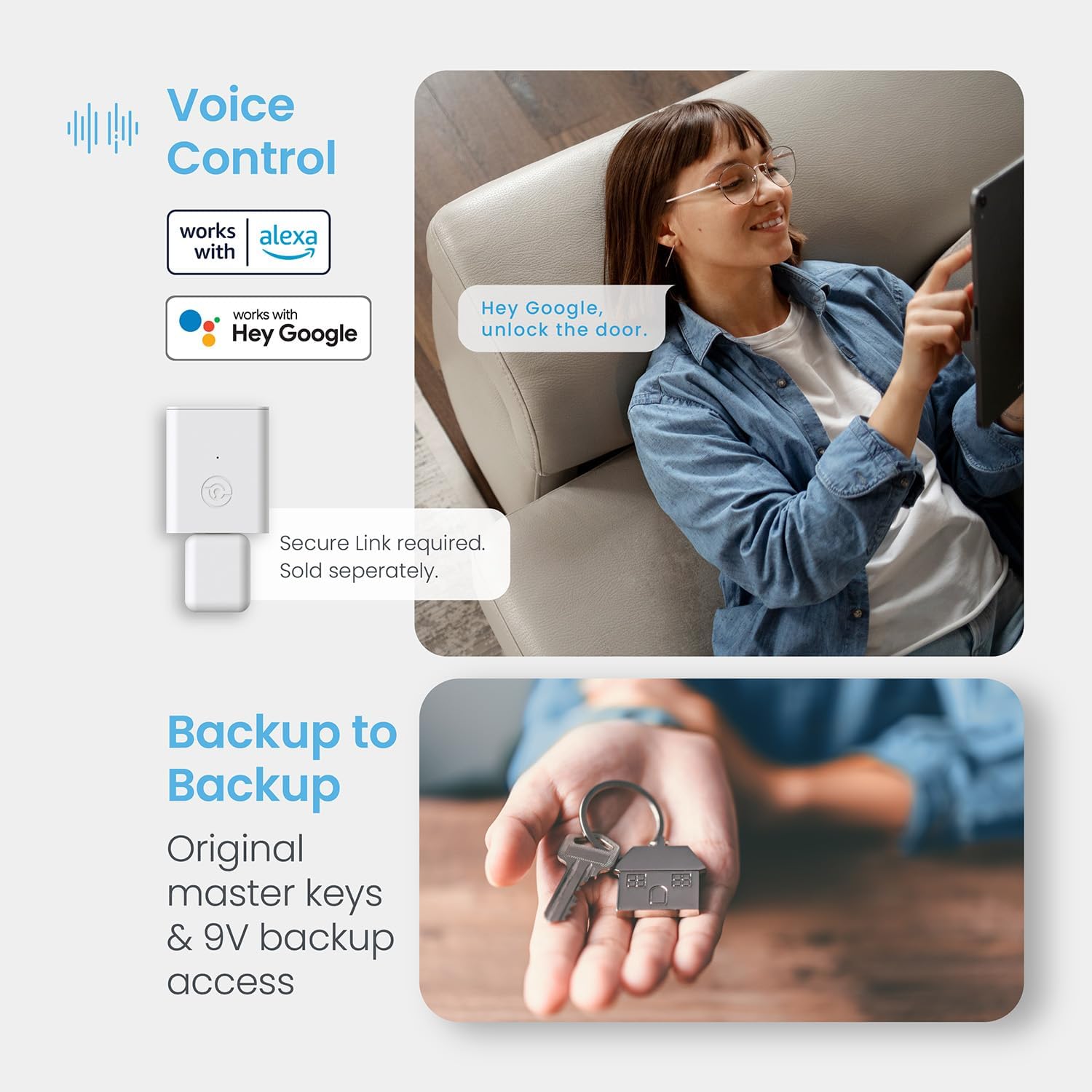 Person using voice commands with a smart assistant to unlock the door.