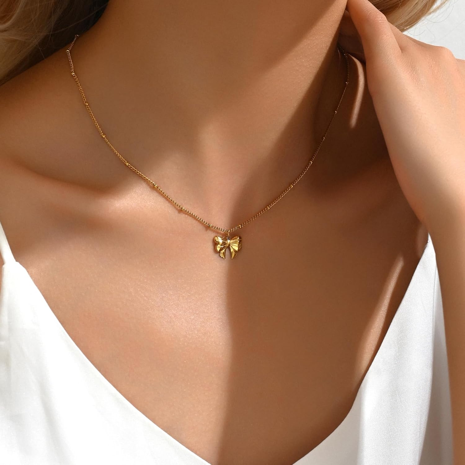 Gold Heart Bow Necklace for Women, 18K Gold Plated Dainty Tiny CZ Bow Bow with Pearl Pendant Necklace Trendy Jewelry Gifts - Image 4