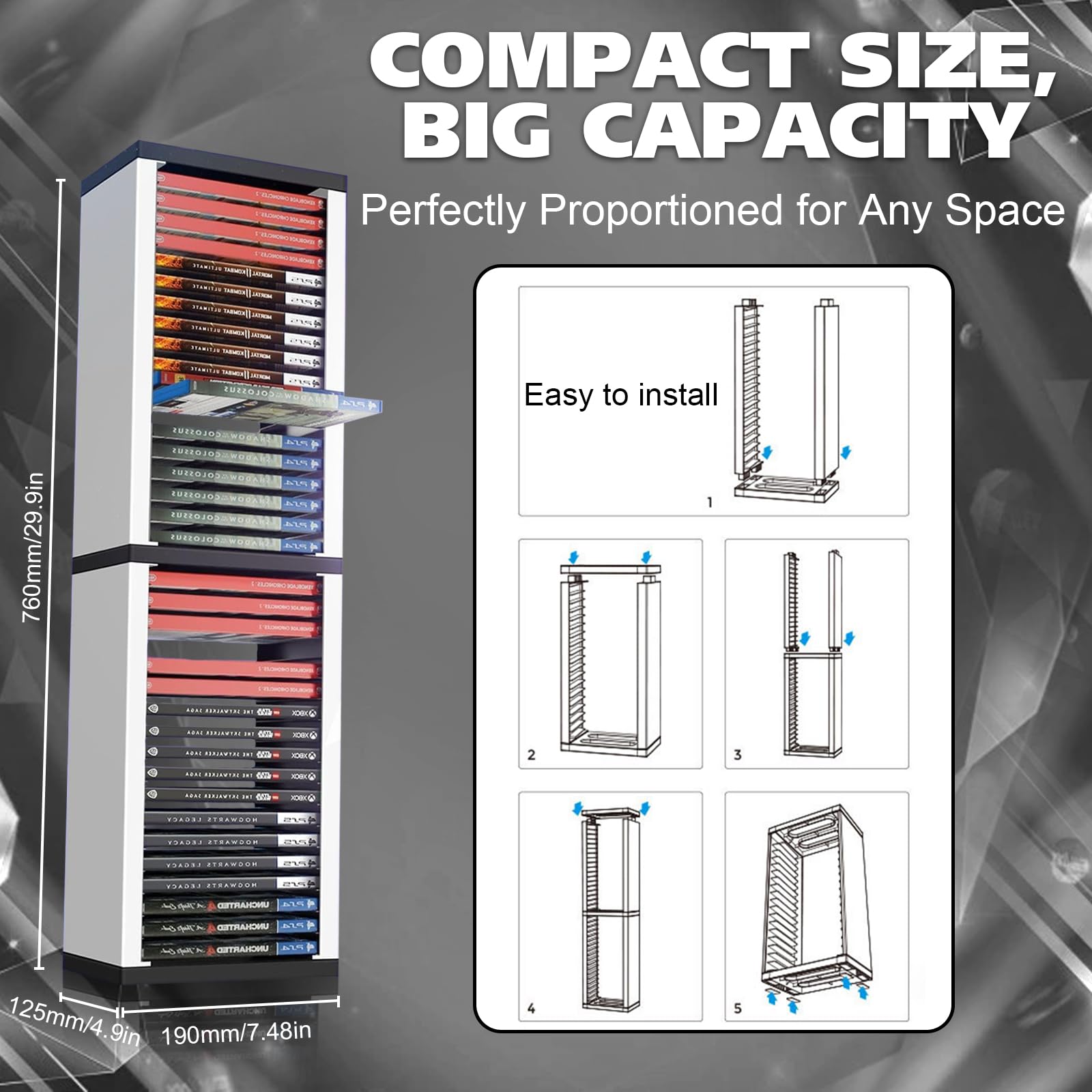Game Disc Box Video Gioco Disc Scaffalatura - Storage Rack per giochi PS5, contiene 36 dischi di gioco, supporto per CD a torre DVD, 13 x 12,5 x 76 cm