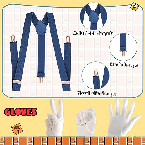 Miniatura 3 de Super Bros Costume Kit with Hat, Mustaches, Suspenders, Gloves Buttons ang Glasses frame for Halloween, Cosplay and Christmas