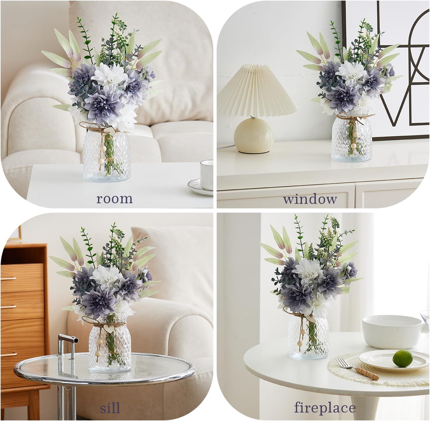 Fake Flowers with Vase, Faux Flowers in Vase, Blue White Silk Dahlia Artificial Flowers bulk Arrangements for Home Decor for Living Room Bathroom Office Table Centerpiece Shelf Decoration