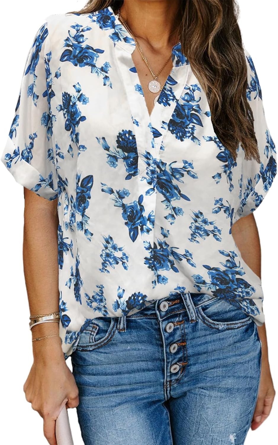 ANCAPELION Women’s Summer Chiffon Blouse Casual Short Sleeve V Neck Shirt Loose Printed Cuffed Sleeve Tunic Tops for Women