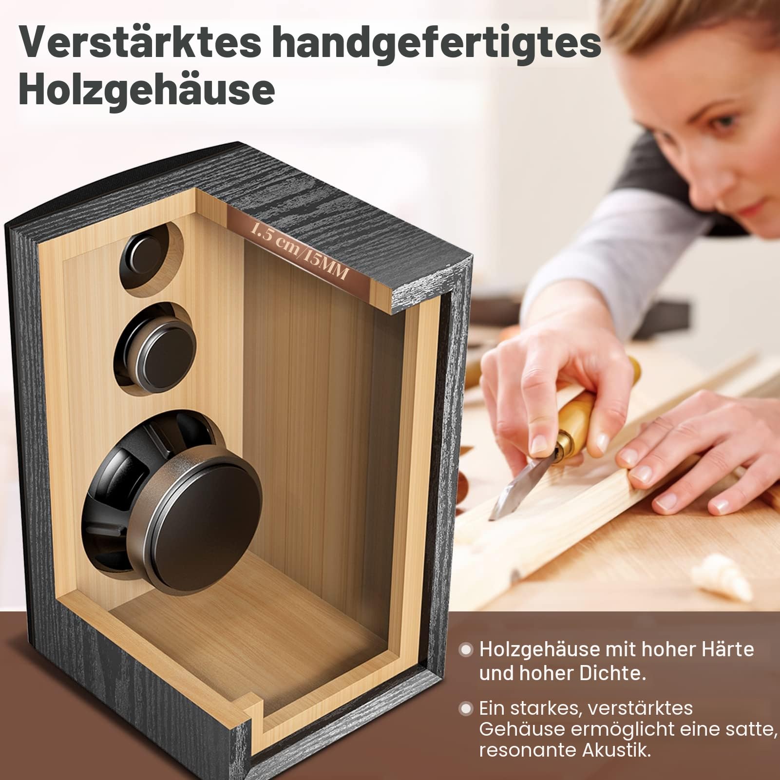 3-Wege Regallautsprecher Passiv, HiFi Stereo Lautsprecher 2 x 80W RMS, Kompaktlautsprecher mit Holzgehäuse & Bassreflex, Passiv Boxen für Heimkino, Musik & TV (G521-1)