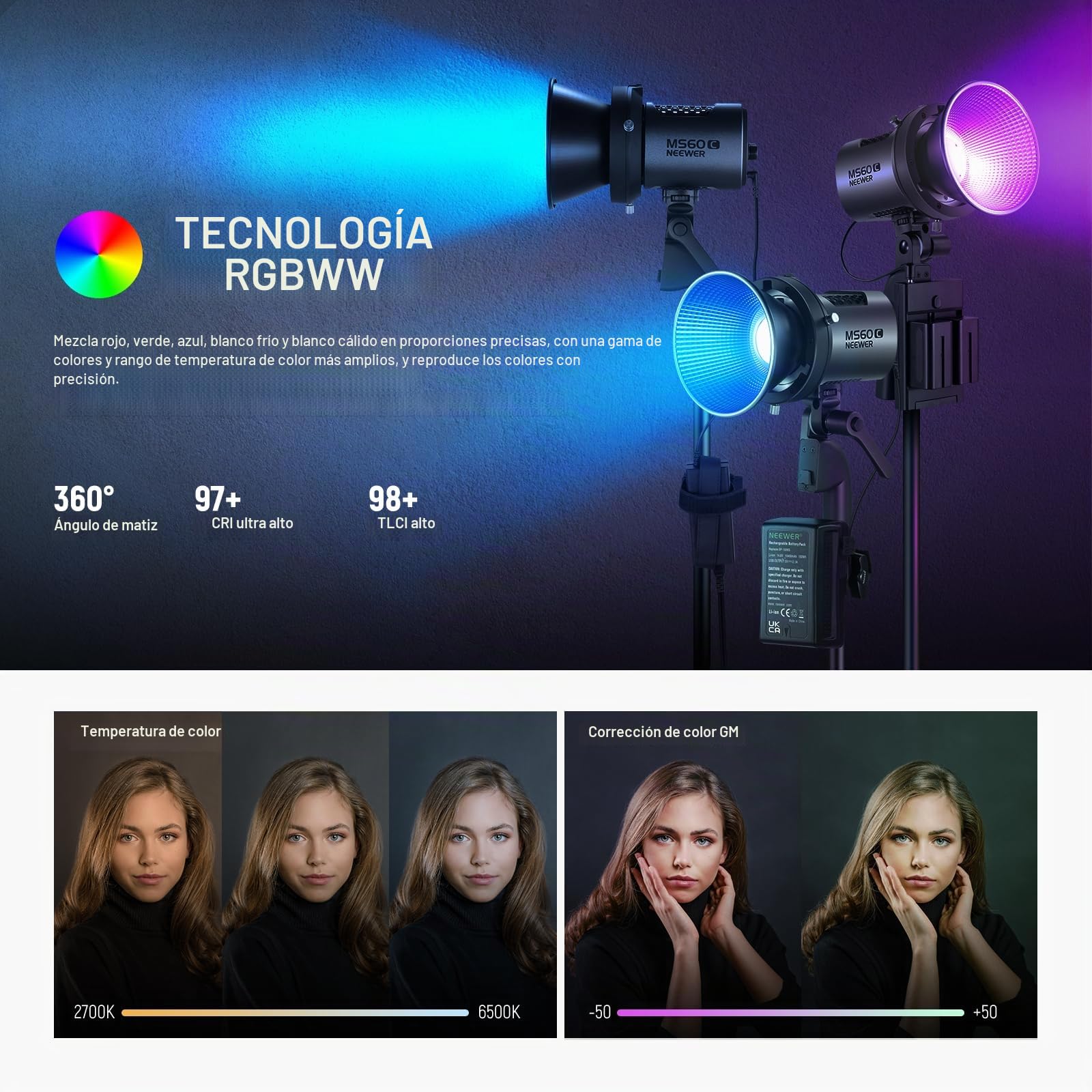 Amazon.com: NEEWER MS60C RGBWW Luz de Vídeo LED con Control 2.4G