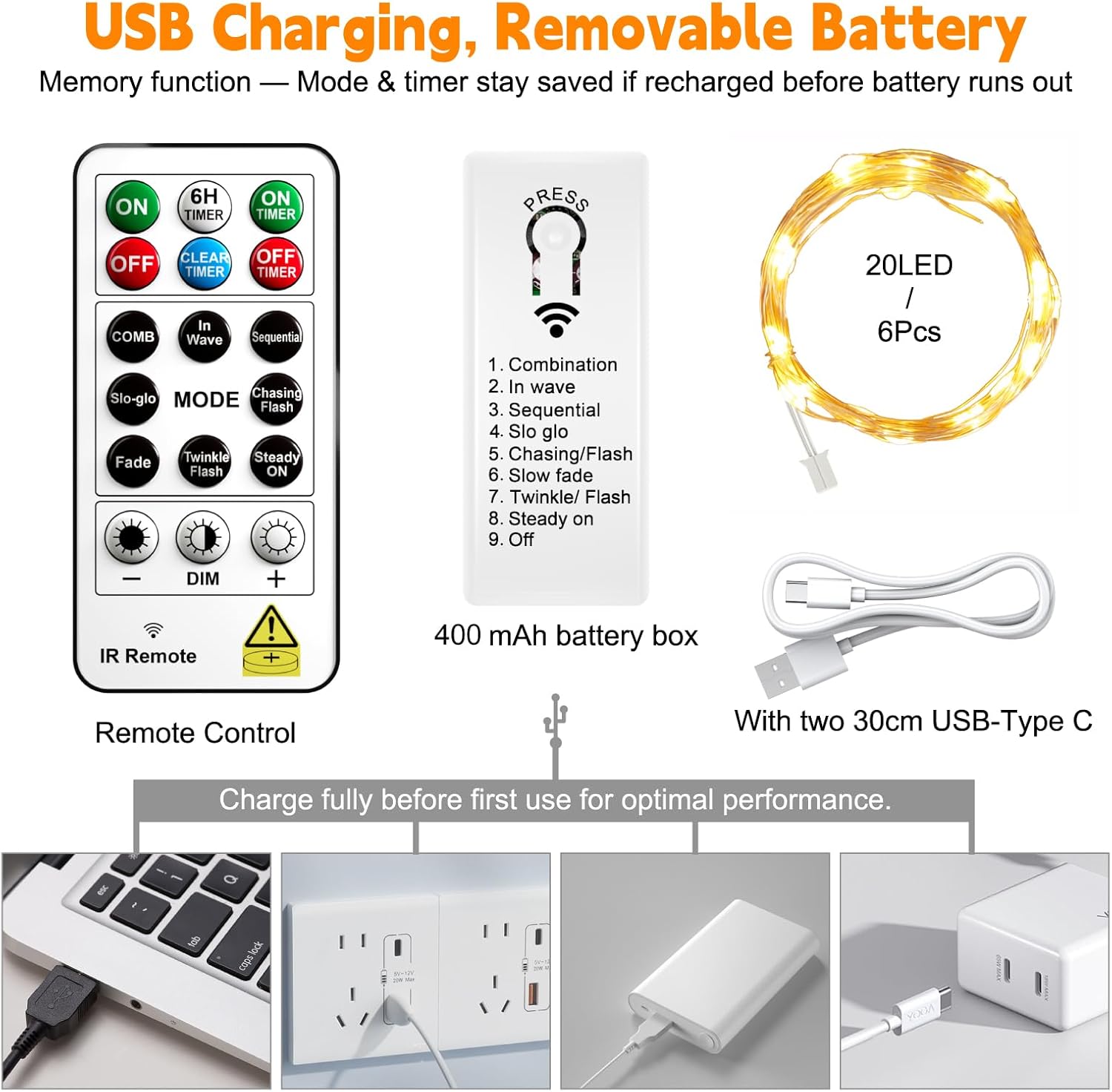 ZSJWL 6 Pack Rechargeable Fairy Lights with Remote & DIY Timer, 7Ft 20LED Mini Battery String Light, Twinkle Silver Copper Wire Lights for Wedding Party Bedroom Christmas Table Decoration(Warm White) - Image 6