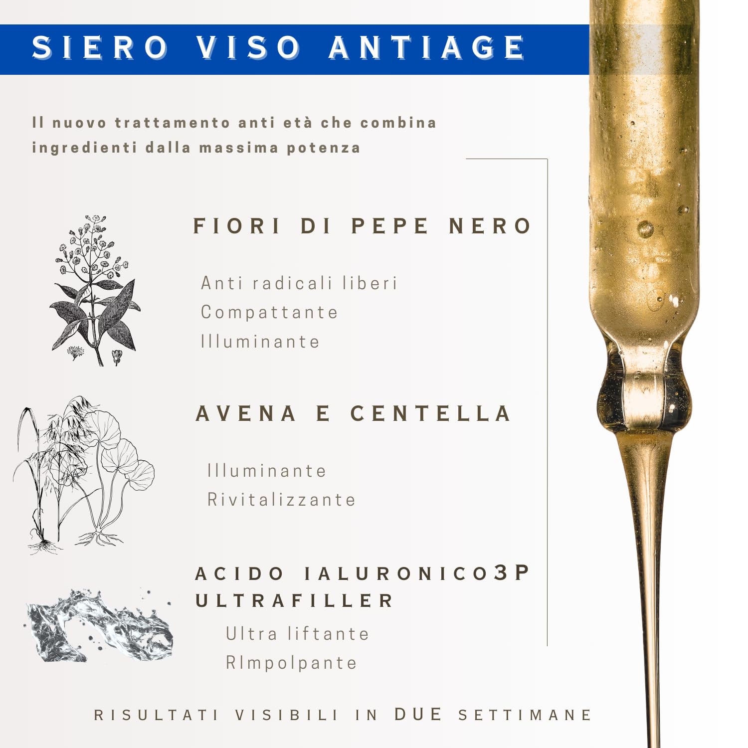AMOR TUO LAB®| Siero Viso Acido Ialuronico Puro 3 Pesi Molecolari - Siero Viso Antirughe - Effetto Tensore, Rimpolpante, Elasticizzante - Effetto Botox Naturale - Ideale per Skincare e pelli delicate