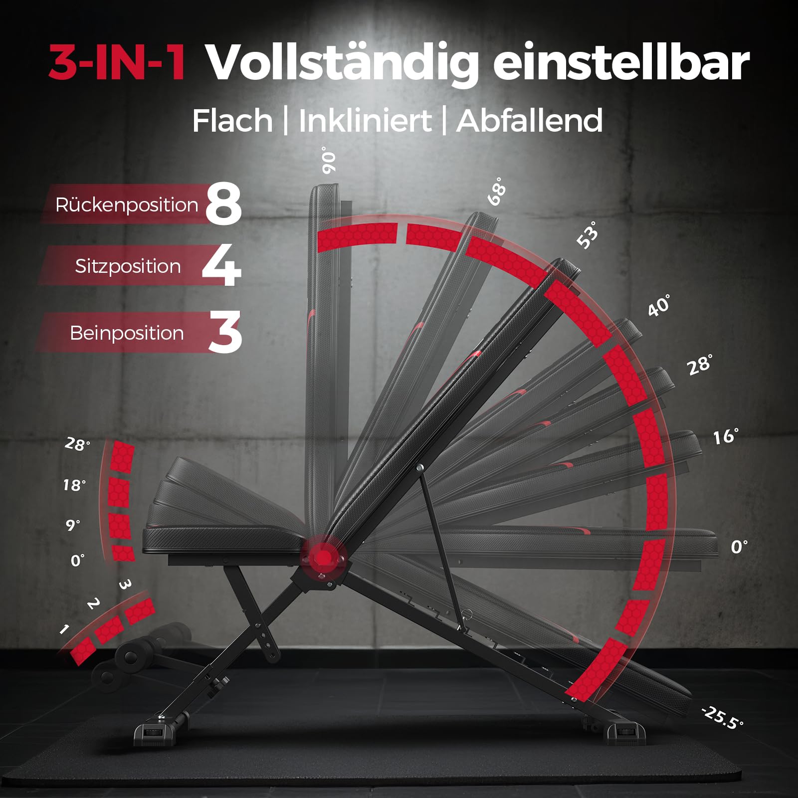 FLYBIRD Verstellbare Hantelbank, 300 kg Tragfähigkeit, Professionelle Multifunktionale Trainingsbank für Heimtraining, Faltbare Schrägbank für Ganzkörper-Workout