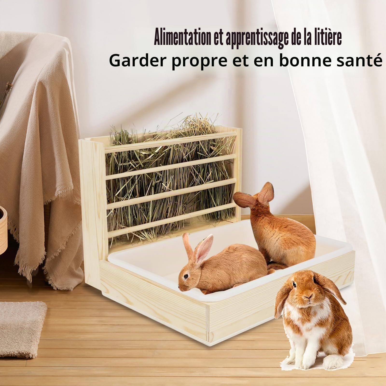 Râtelier à foin multifonction avec toilettes, bac en bois pour lapin, abreuvoir, gamelle, 2 en 1