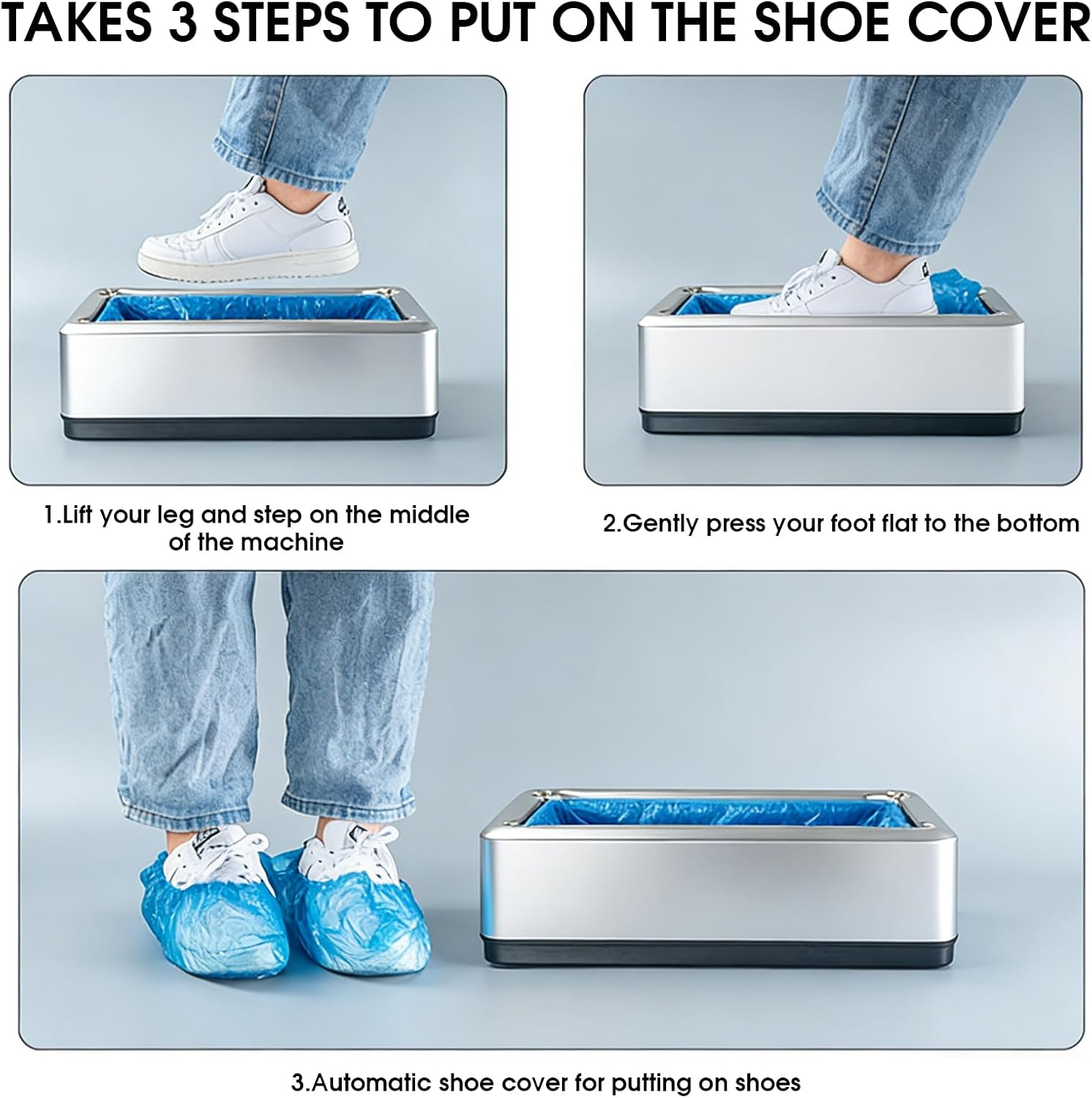 Automatic Shoe Cover Dispenser, Shoe Cover Machine, Indoor Disposable Shoe Cover Machine with 300PCS Non-slip Disposable Shoe Covers for Most Shoe Sizes for Home, Office, Supermarket (Silver)