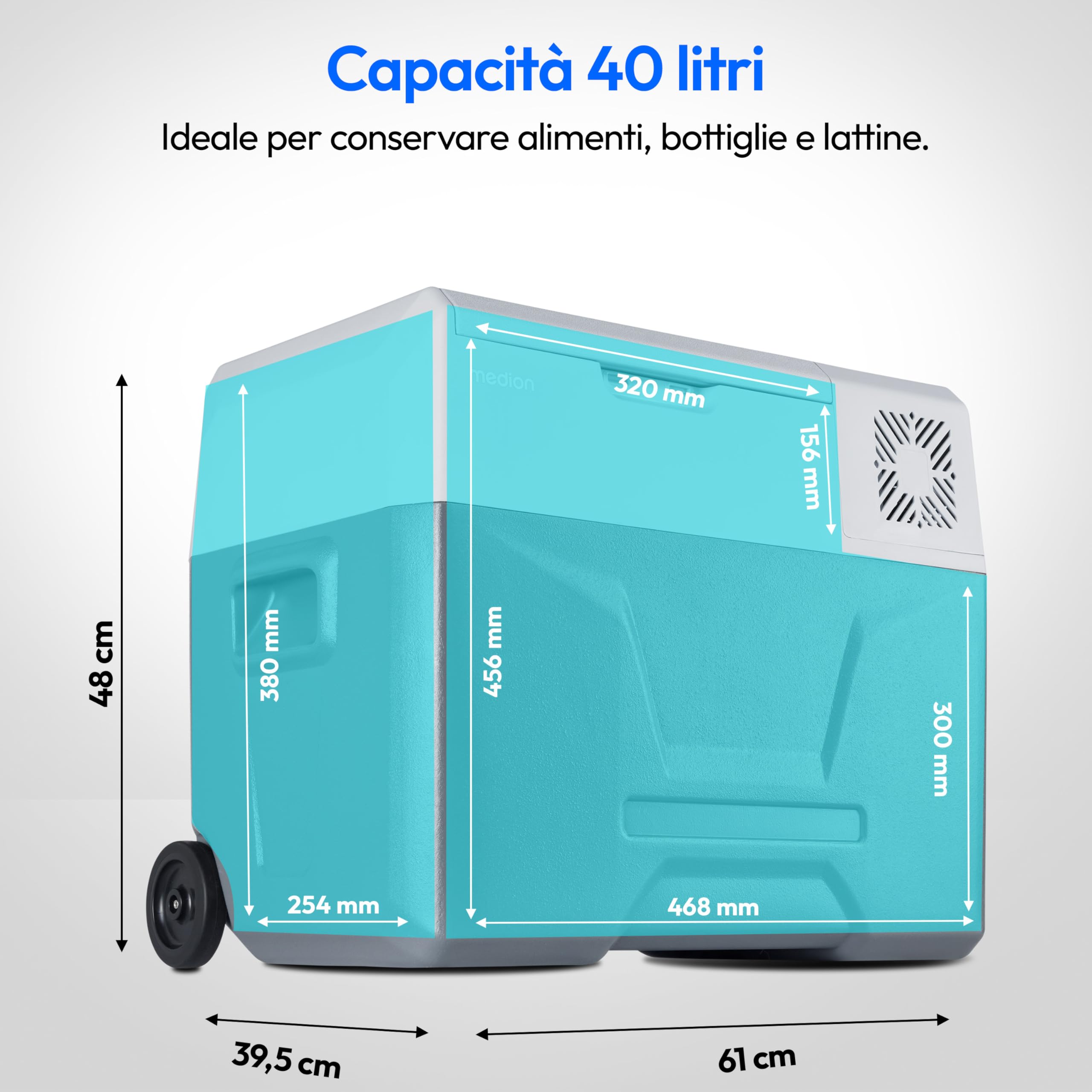 MEDION Frigo portatile con compressore (elettrico, 39 litri di spazio, 60 watt, da -20°C a 20°C, display a LED, USB, adattatore da 230V 12V 24V per auto, camion, camper, campeggio (MD13111)