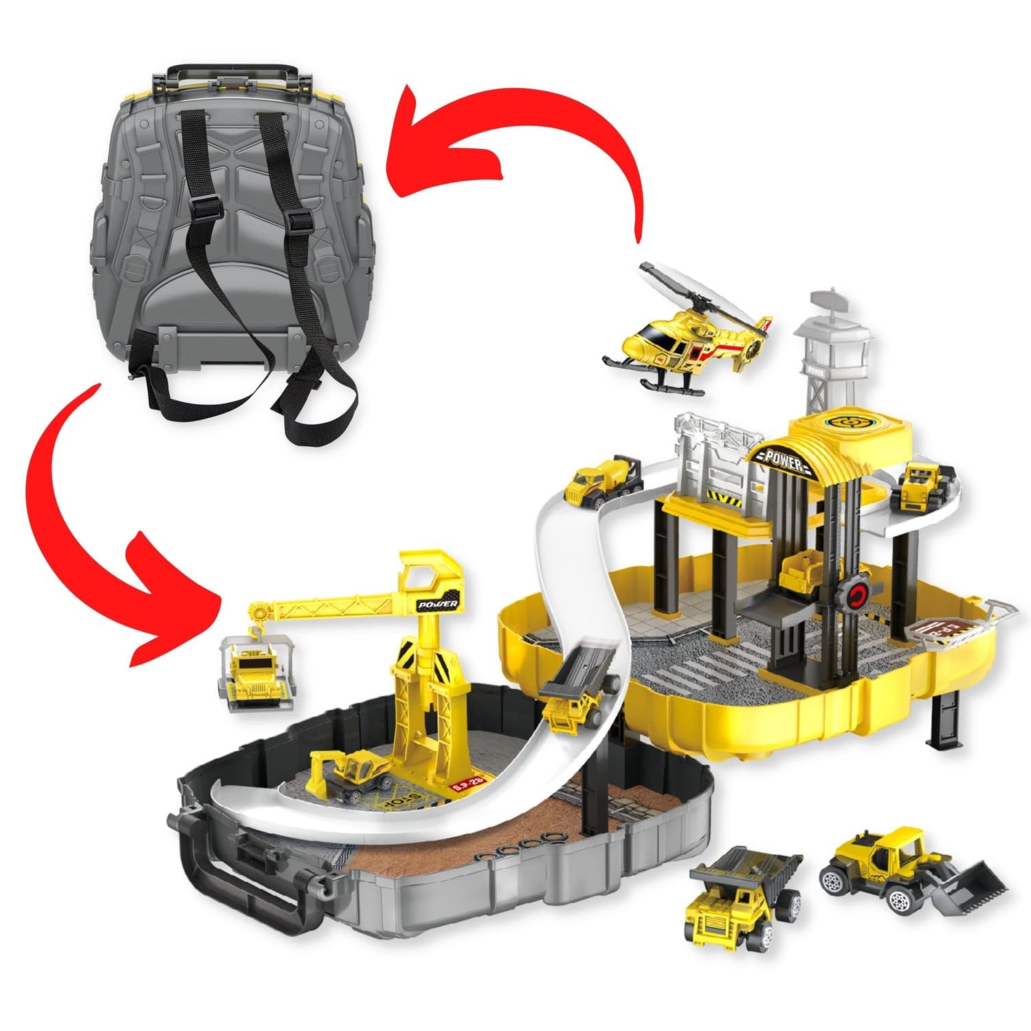 Fitto Construction Portable Backpack Playset with Crane, Slide, Elevator, and 2 Toy Construction Vehicles