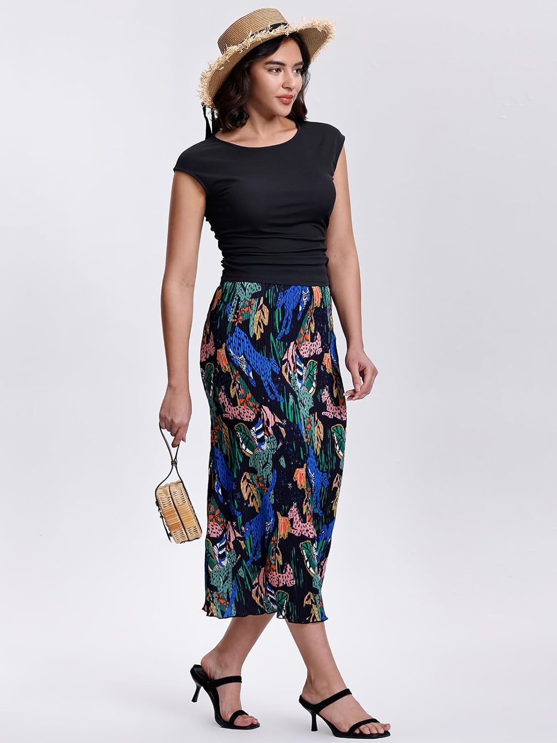 Kimmery Summer Casual Two Piece Skirt Set for Women Crew Neck Crop Tops Elastic Waist Midi Skirt Outfits - Image 5