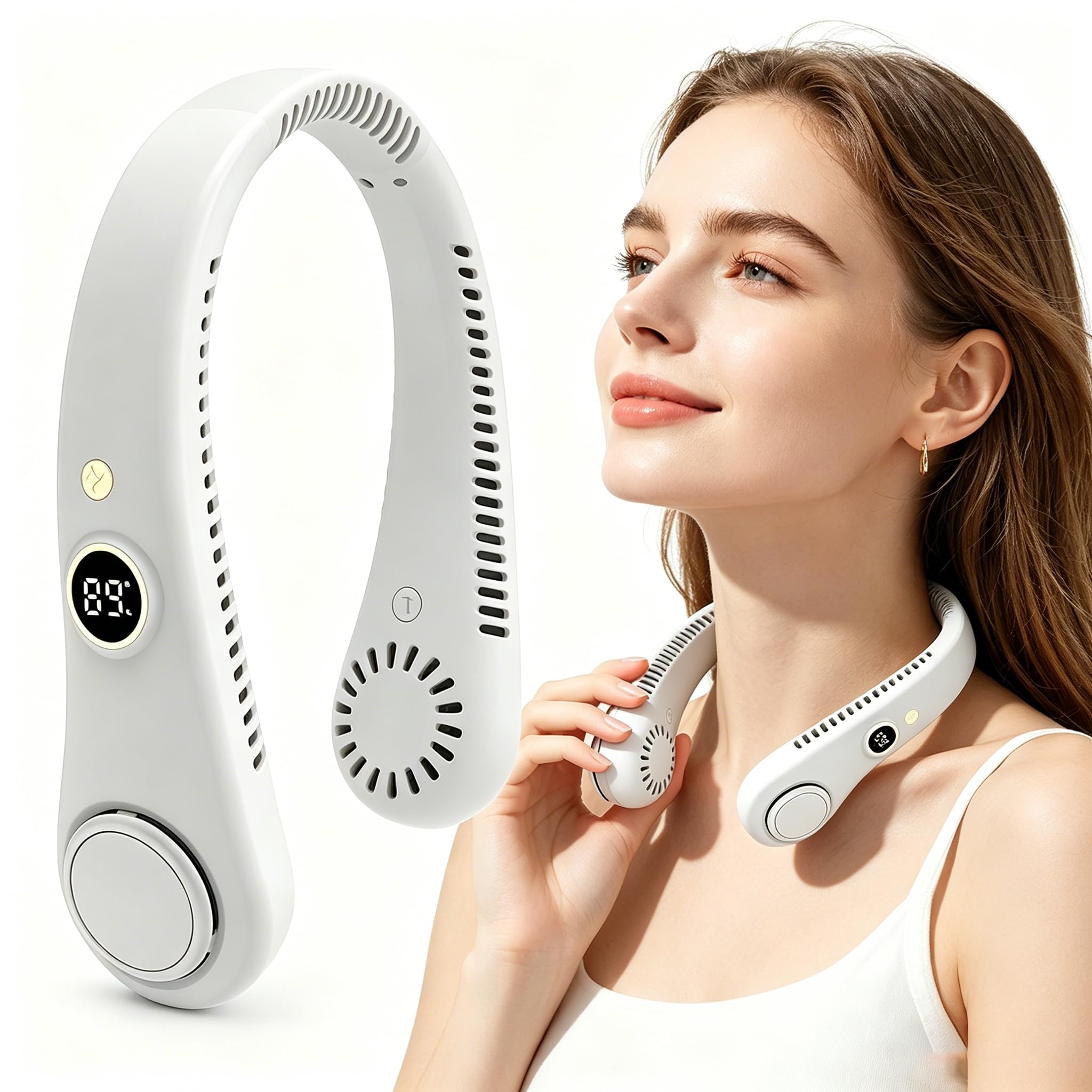 Portable Neck Fan,Quiet Bladeless,Hands Free Personal Fan with 5 Speeds & 1500mAh Battery,USB-C Rechargeable Wearable Fan,360° Adjustable Airflow,Quiet Cooling for Travel,Office,Outdoor & Home (White)