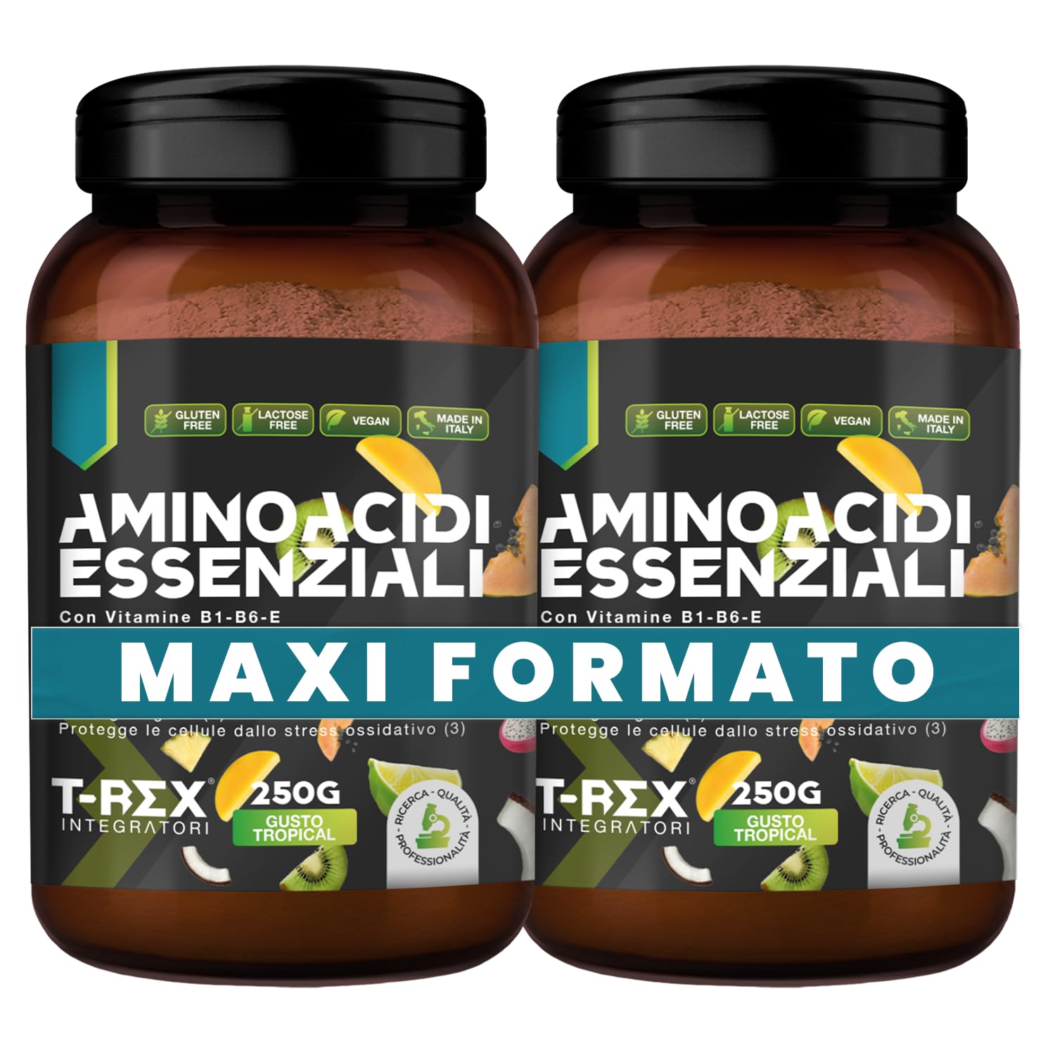 EAA Aminoacidi Essenziali con mix di vitamine B1, B6 ed E - Integratore di amminoacidi naturali vegan ottenuti da fermentazione T-Rex Integratori (Tropical, Polvere)