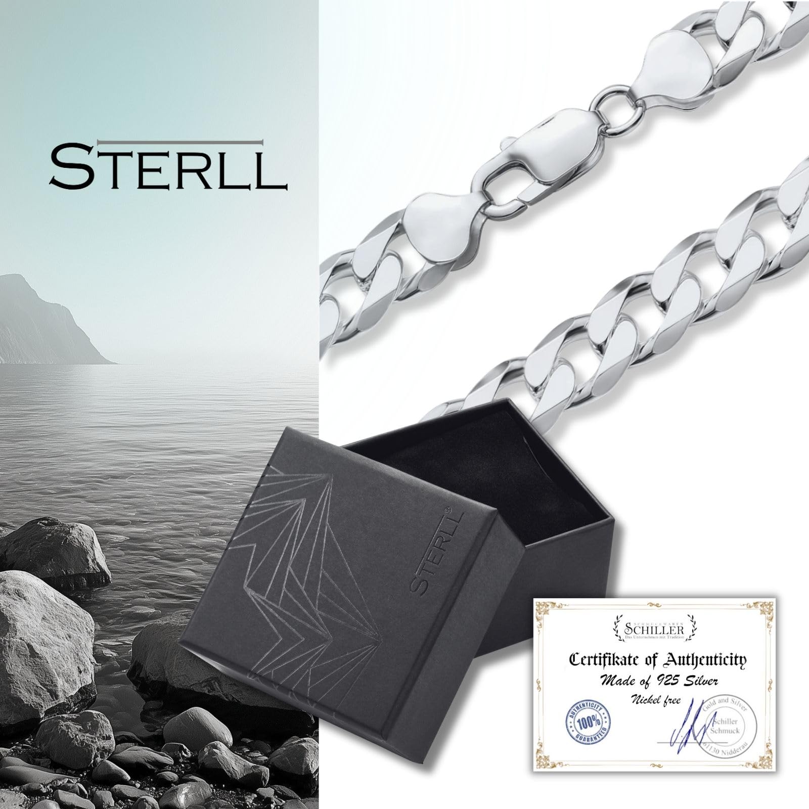 Herren Hals-Kette aus massivem 925 Silber, ideal als Geschenk für Mann oder Freund, mit Schmuckbox
