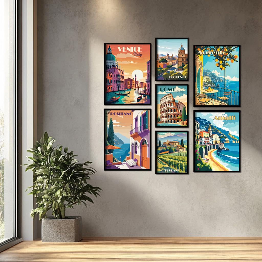 ag.art deco® 7er Set Poster Ohne Rahmen Wanddeko Wohnzimmer Modernes Design | Premium XXL 7 moderne Travel Italien Rome Venice Toskana Sorrento Amalfi Florence Vintage Retro Terrakotta Mediterran, Flur