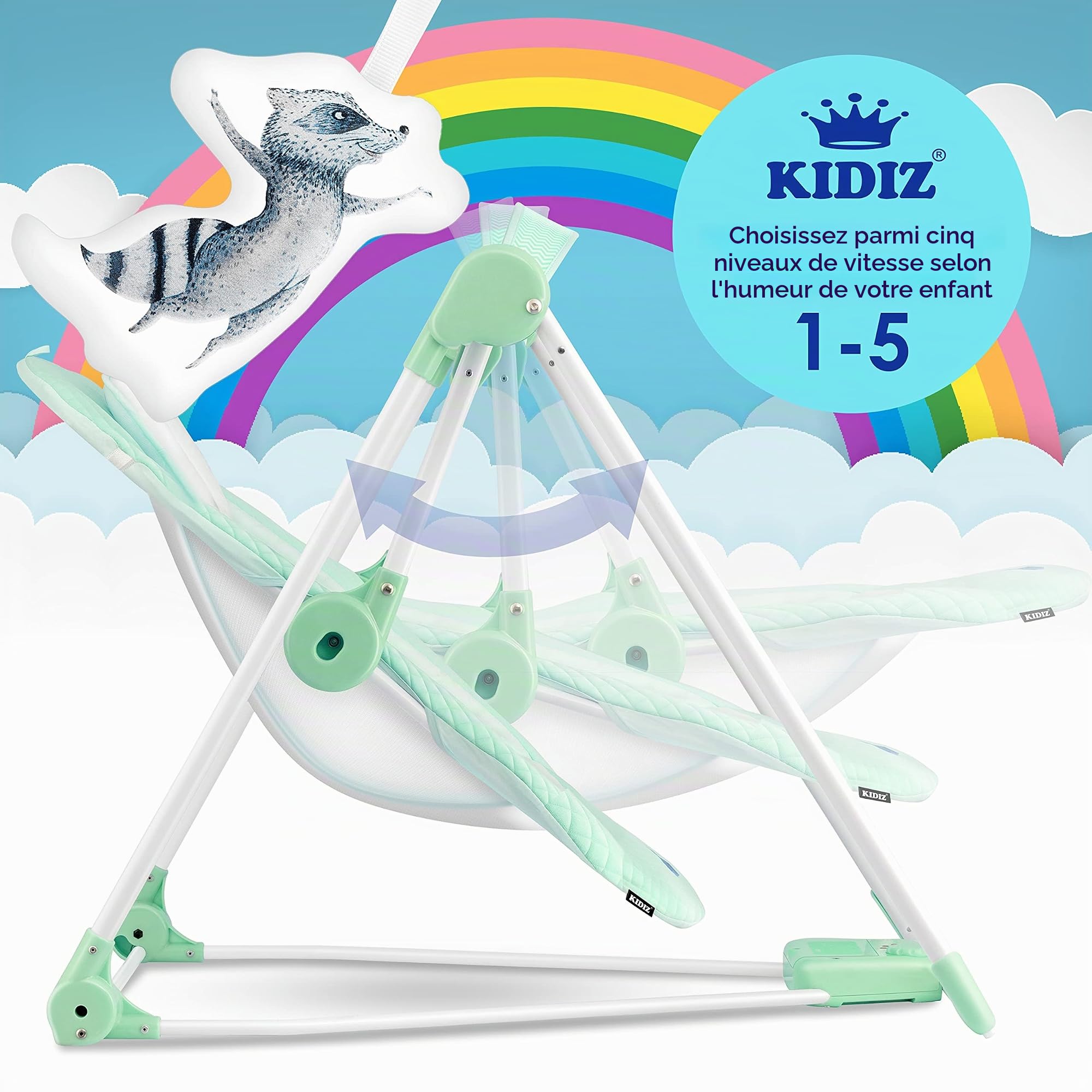 KIDIZ® Balançoire bébé 5 vitesses pliable transat chaise haute arche jeu jouets sons nature