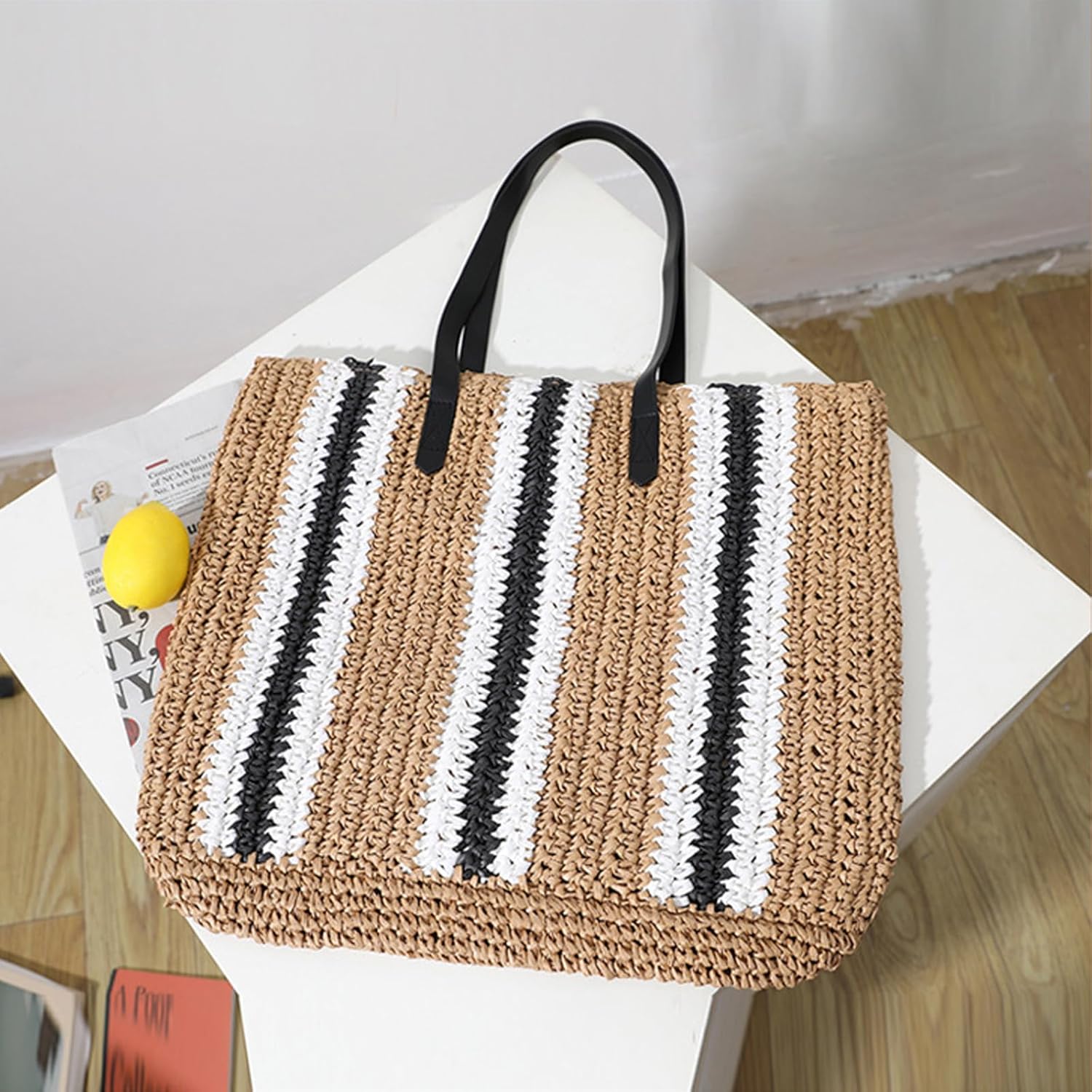 SHESRA Bohemian Straw Bag,Tote Handmade Hand-woven Women Handbags for Retro Summer Vacation Beach Travel Daily Matching Bag 163