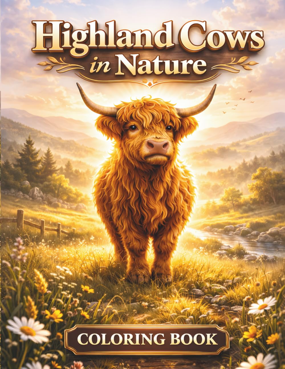 Highland Cows in Nature: Adult Coloring Book of Peaceful Countryside Landscapes