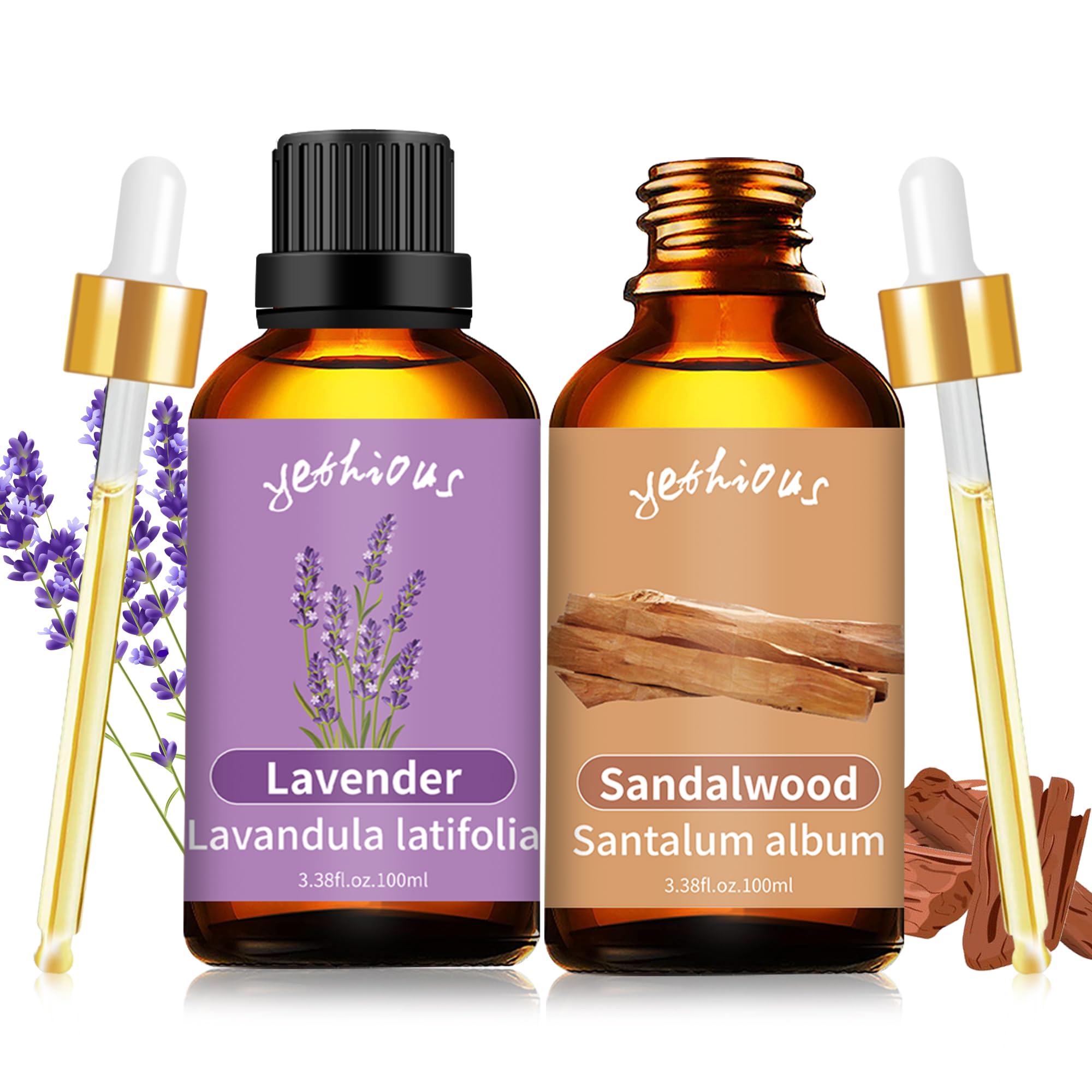 yethious Lavender Essential Oil Bundle with Sandalwood Essential Oil Pure Organic Plant Oils for Diffuser Aromatherapy Gift Oils - 3.38 FL OZ