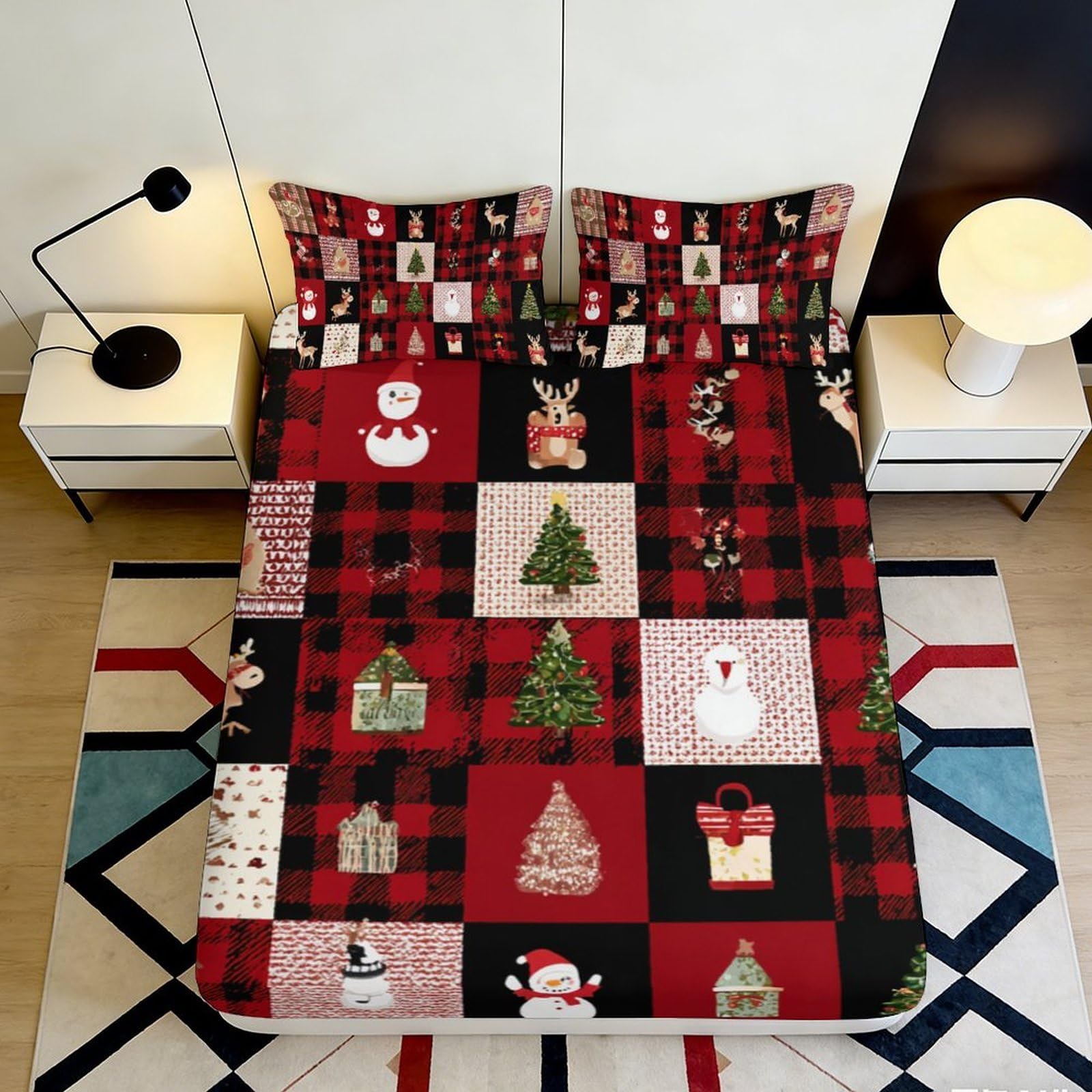 3D Printed Christmas Pattern Fitted Sheet Microfiber Soft Durable Snowman Mattress Cover for Bedroom Dormitory Guest Room Protection Decor 160x200x25cm