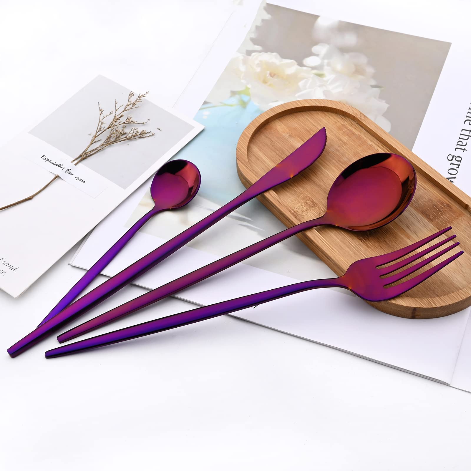Juego de cubiertos de 36 piezas de color morado con espejo pulido, cubiertos de acero inoxidable 18/0 para cocina en casa, fiesta, hotel, restaurante, servicio de boda para 6