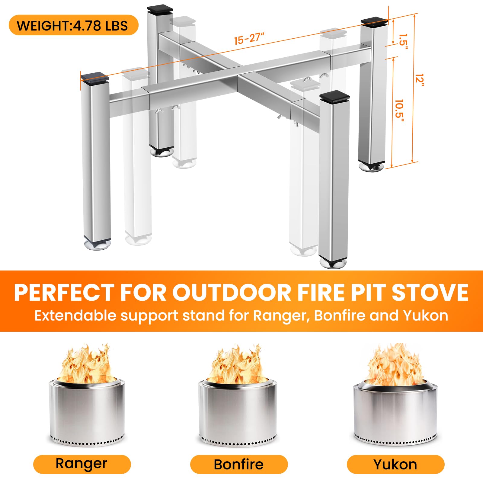 Supporto Universale In Acciaio Inox Per Braciere - Regolabile Da 38 A 68 Cm, Con Ruote Rimovibili, Compatibile Con Solo Stove Ranger, Bonfire, Yukon