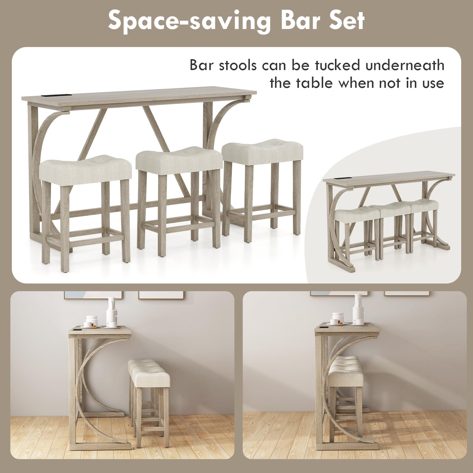 COSTWAY 4 Piece Bar Table Set with Power Outlet, Counter Height Kitchen Table and 3 Upholstered Saddle Stools Set, Dining Room Furniture for Home Restaurant Pub — view 8