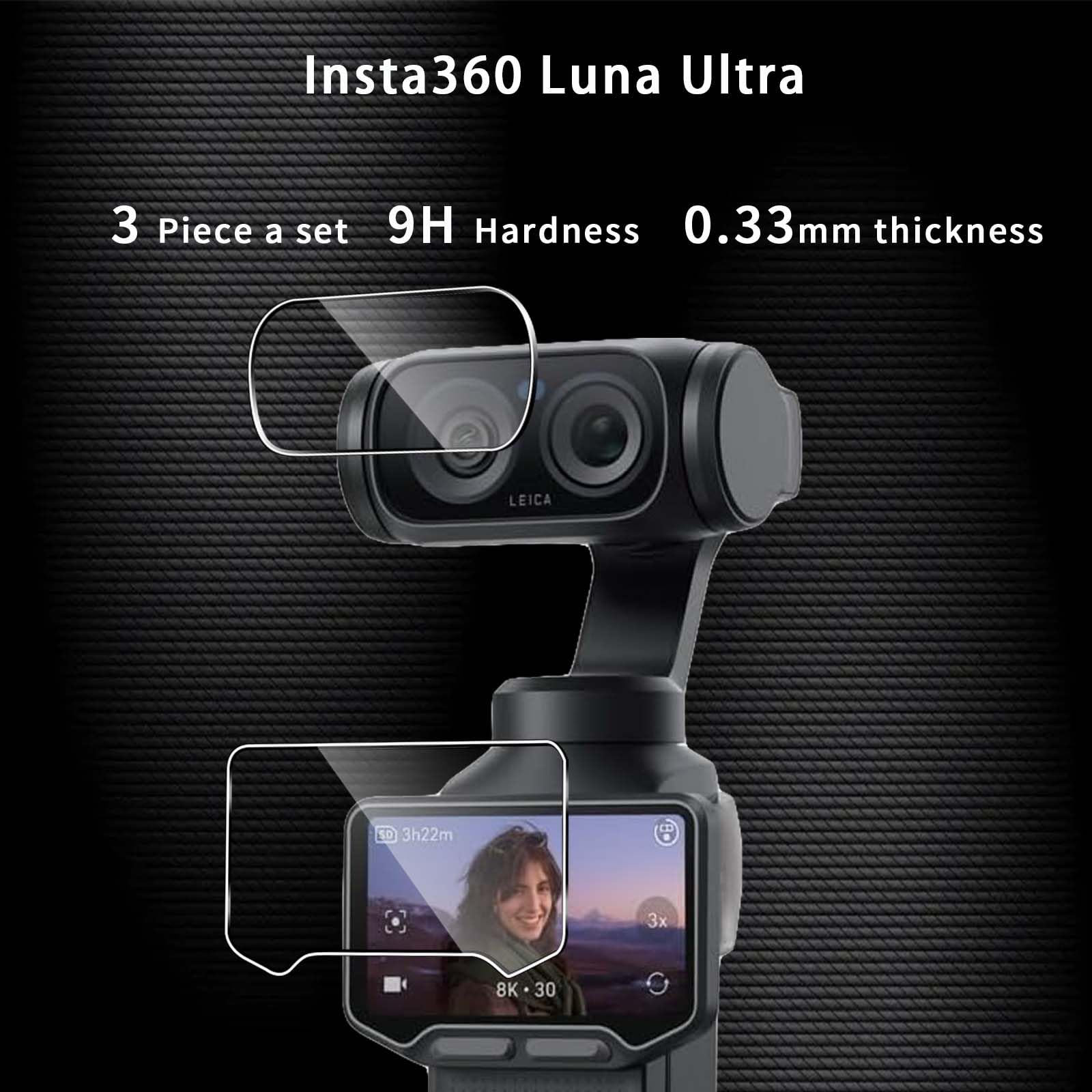 QULLOO Folia ochronna do Insta360 Luna Ultra do szkła pancernego, 3 sztuki folii ochronnej na wyświetlacz z 3 sztukami ochrony aparatu, szkło hartowane o twardości 9H, szkło hartowane HD przezroczyste