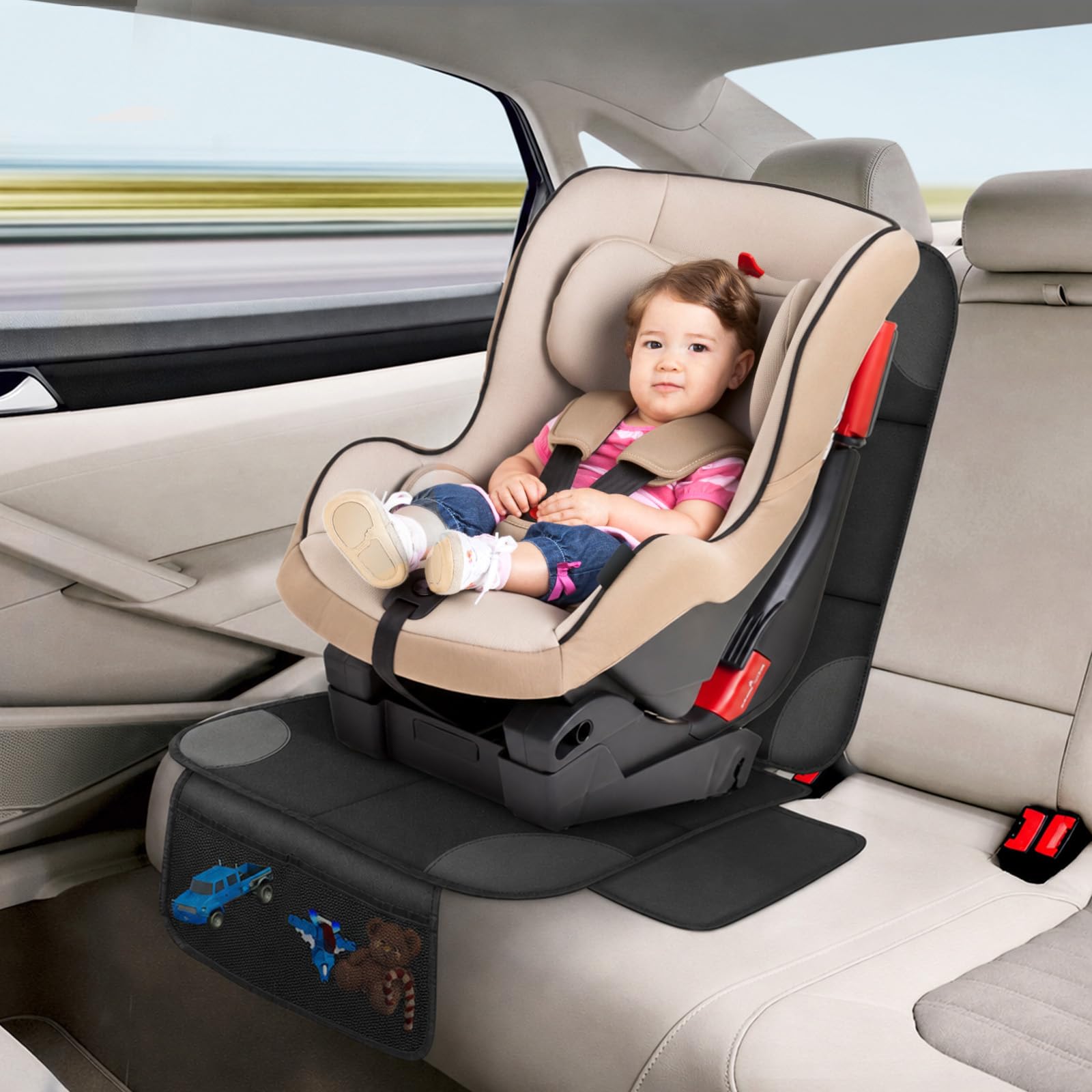 AiQInu Protector Asiento Coche, Impermeable Antideslizante Compatible Protector de Asiento de Coche de Niño con 2 Bolsillos de Almacenaje para Asiento de Coche de Cuero y Tela