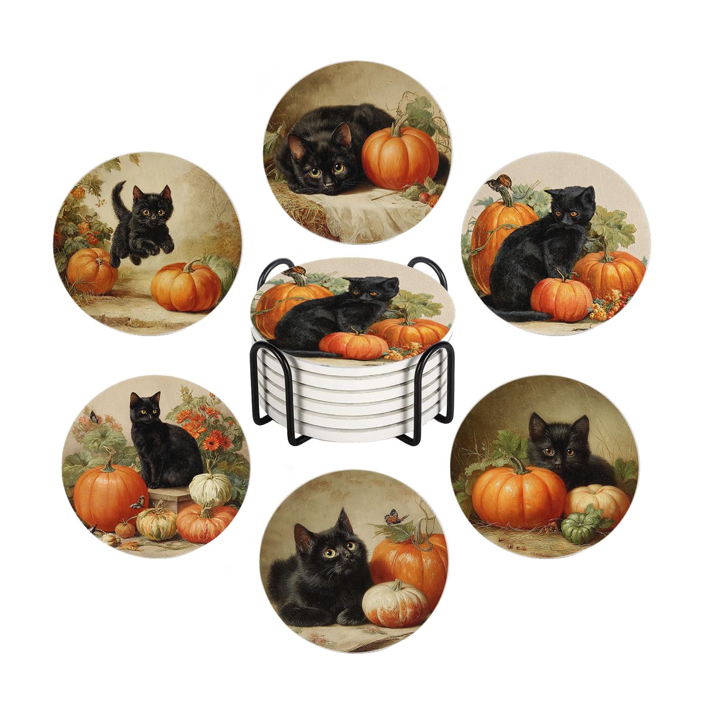Drink Coasters - Water Lilies & Black Cat Set -9
