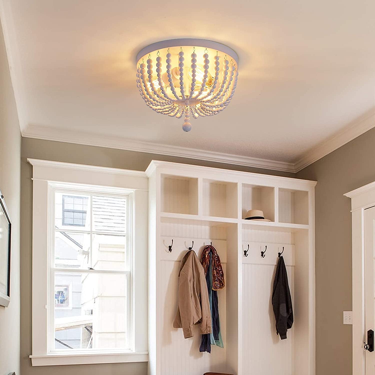 Wuhuyipi Boho Wood Beaded Chandelier – 3-Light LED Flush Mount Ceiling Light, Farmhouse Rustic White Hemp Rope Fixture For Bedroom, Kitchen, Dining Room, Entryway
