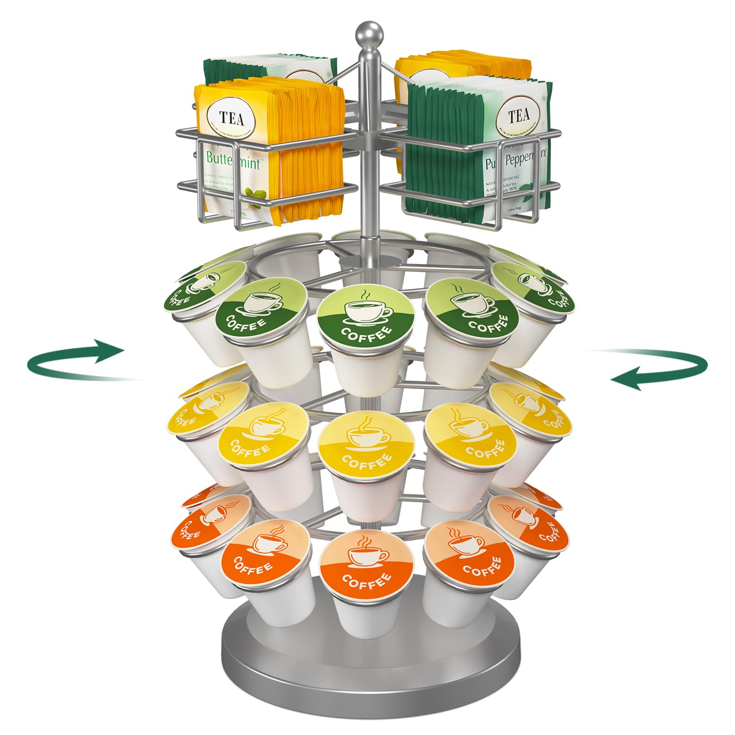 EsLuker.ly K Cup Holder Coffee Pod Organizer Carousel for Countertop, Rotatable Metal 4-Tier Storage Rack Stand for 30 K Cups &amp; Tea Bags, Convenience Meets Elegance, Silver