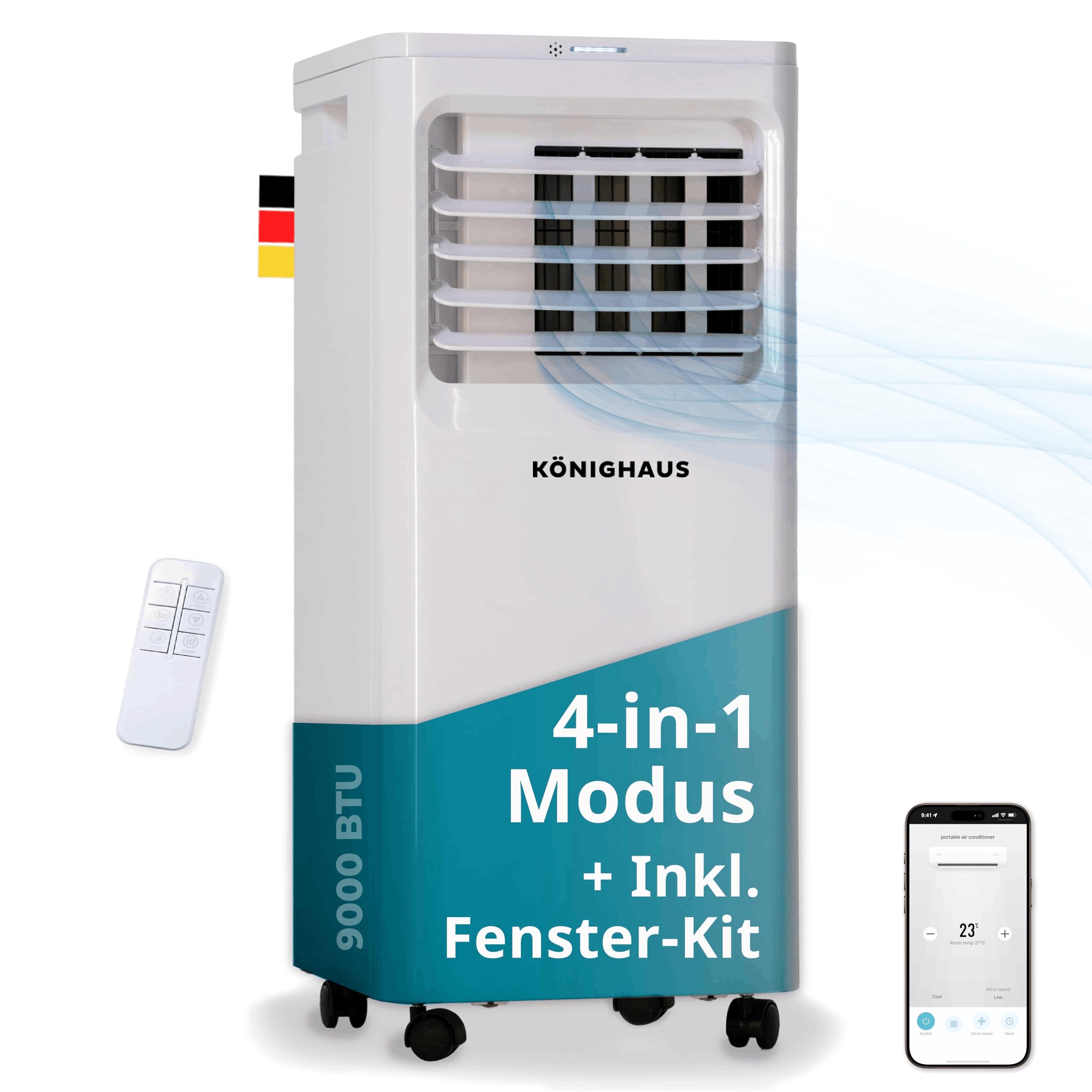 Könighaus Smarte Mobile Klimaanlage 9000 BTU für Räume bis 20m² - 4-in-1 | Kühlung, Entfeuchtung, Ventilator und Luftreinigung – energieeffizient (A) – inkl. Fernbedienung und App-Steuerung