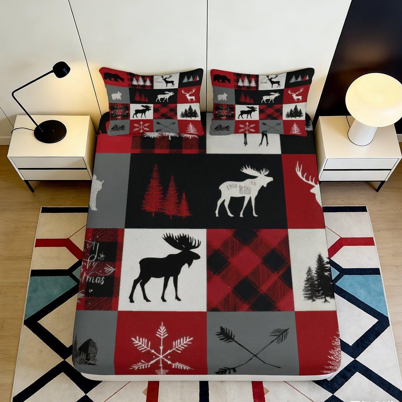 3D Printed Plaid Moose Fitted Sheet Microfiber Red Grey Forest Mattress Cover for Bedroom Dorm Guest Room Decor 140x200x25cm