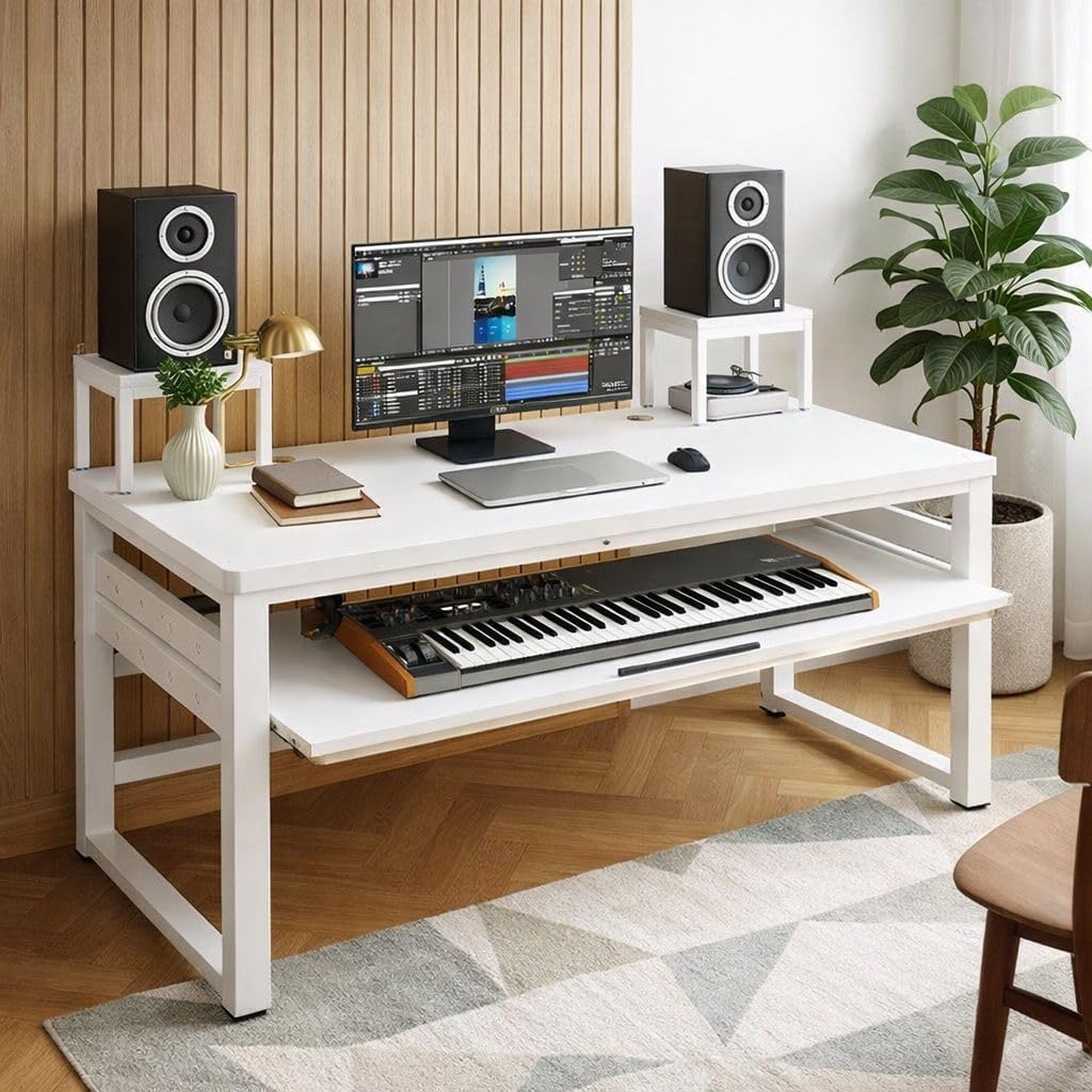 LAKIQ Music Studio Recording Desk with Sliding MIDI Keyboard Tray, Manufactured Wood Top Home Office Computer Desk with Hutch, Without Chair (White-White, 70.9″ L x 23.6″ W x 31.5″ H)