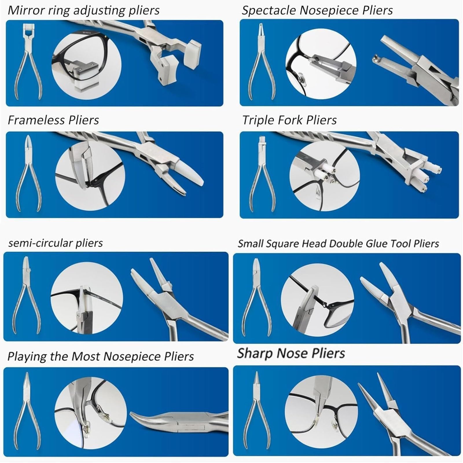 Kit di riparazione per occhiali con 8 pinze e 6 cacciaviti, set di strumenti ottici con pinzette e uncinetto per la regolazione del telaio