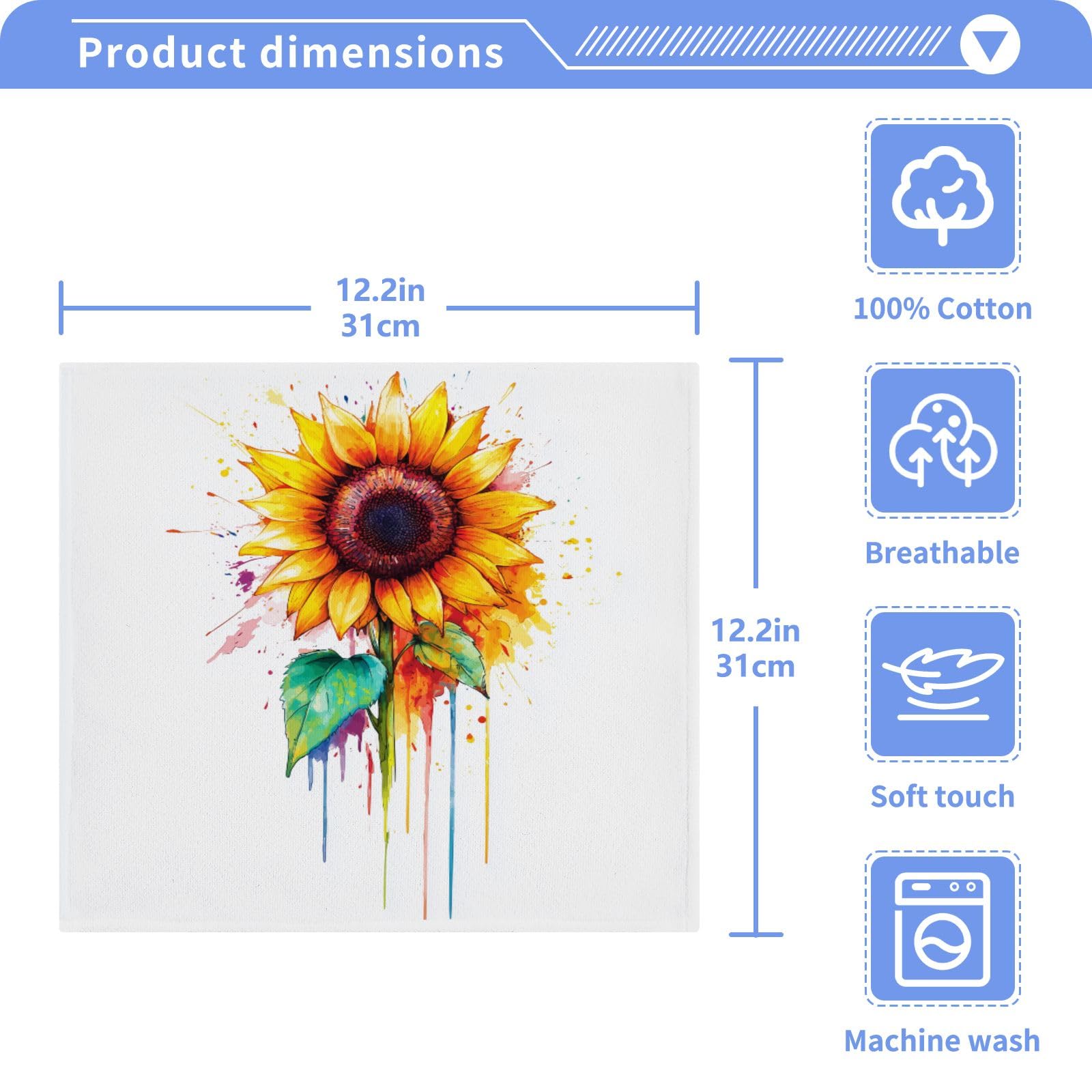 ALAZA Wash Cloth Set 100% Cotton Fingertip Towels Face Cloths Sets Watercolor Sunflower Highly Absorbent Soft Feel Set of 2